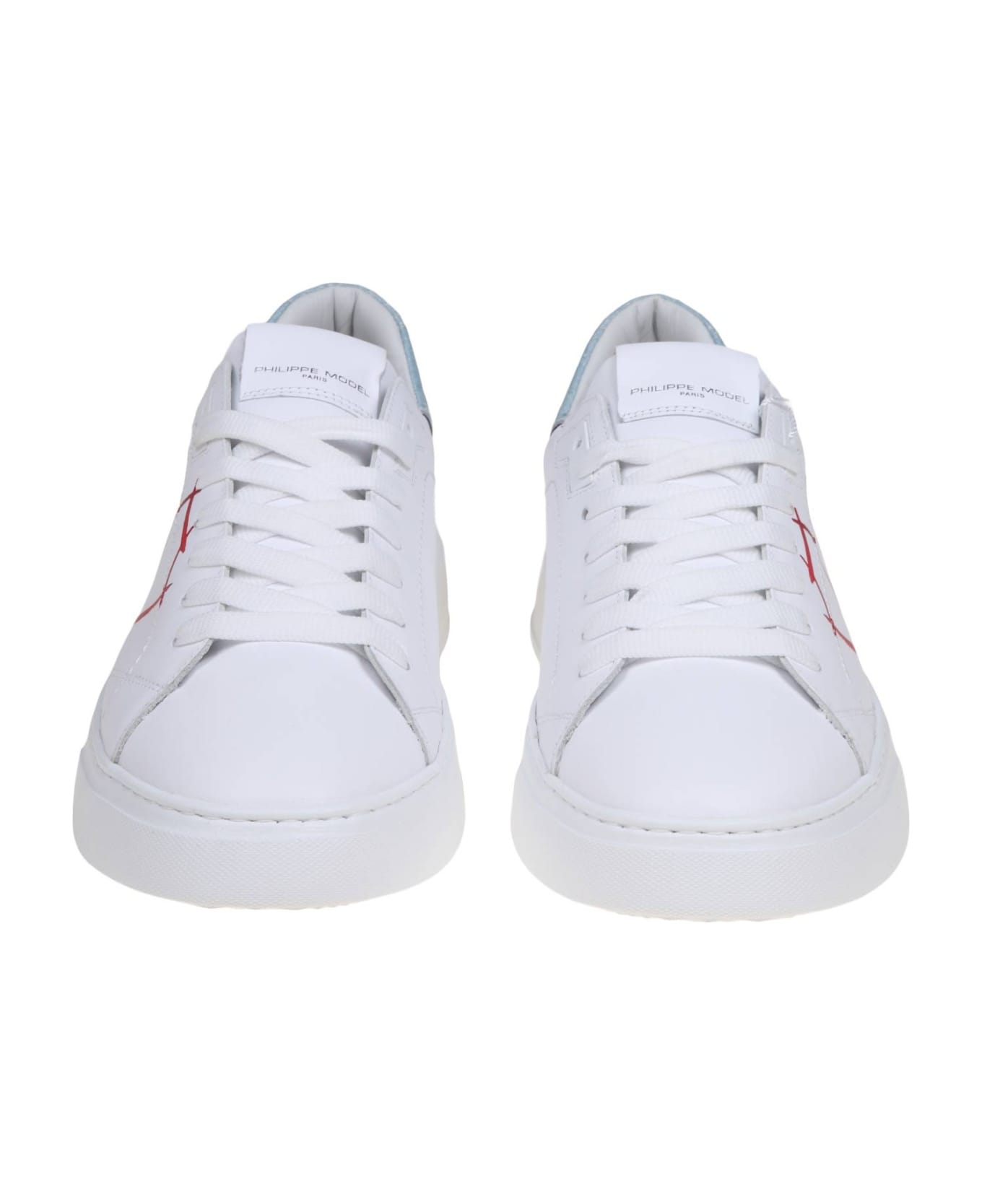 Philippe Model Temple Low Sneakers In White And Light Blue Leather - White/Red スニーカー