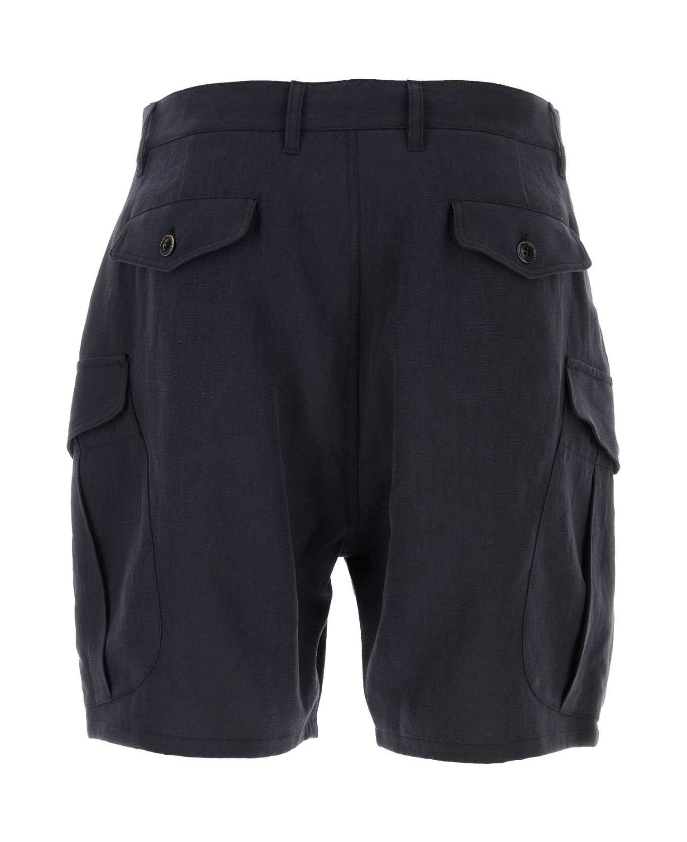 Giorgio Armani Navy Blue Linen Bermuda Shorts - NIGHTSKY
