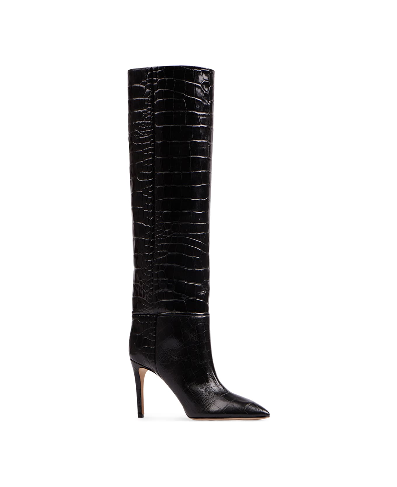 Paris Texas Charcoal Leather Stiletto Boots With Crocodile Print - Carbone