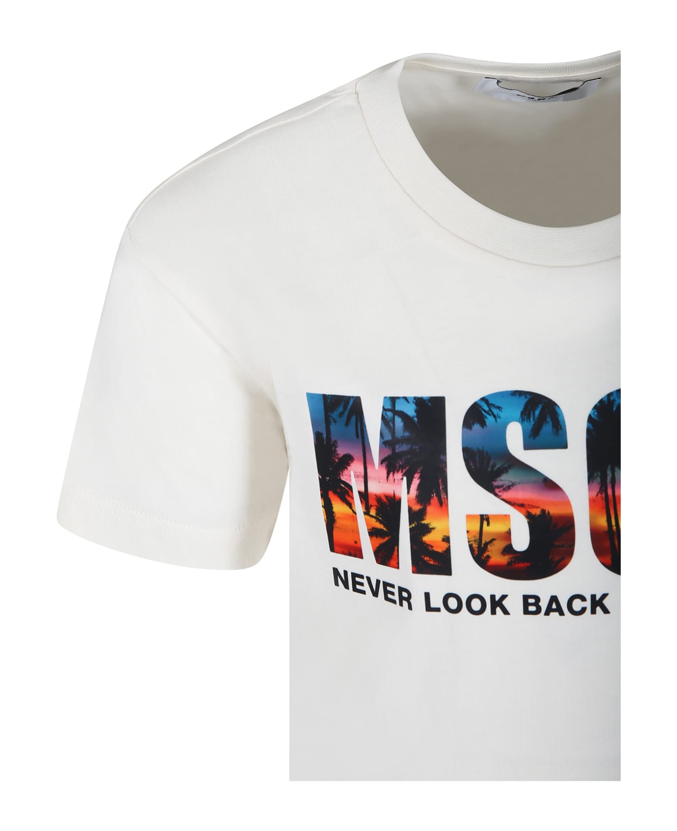 MSGM Ivory T-shirt For Boy With Logo Et Palm Tree Print - Ivory Tシャツ＆ポロシャツ