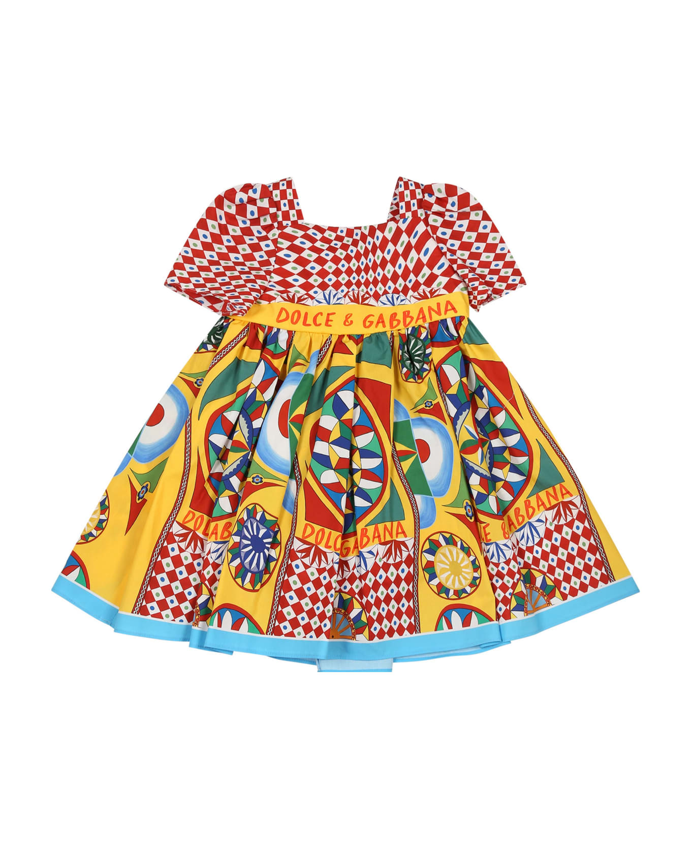 Dolce & Gabbana Red Dress For Baby Girl With Logo And Cart Print - Multicolor ウェア