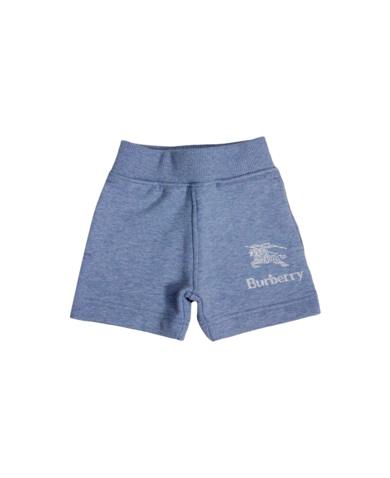 Burberry Cotton Fleece Bermuda Shorts With Elasticated Waist And Welt Pockets With Logo On The Front - Light Blu