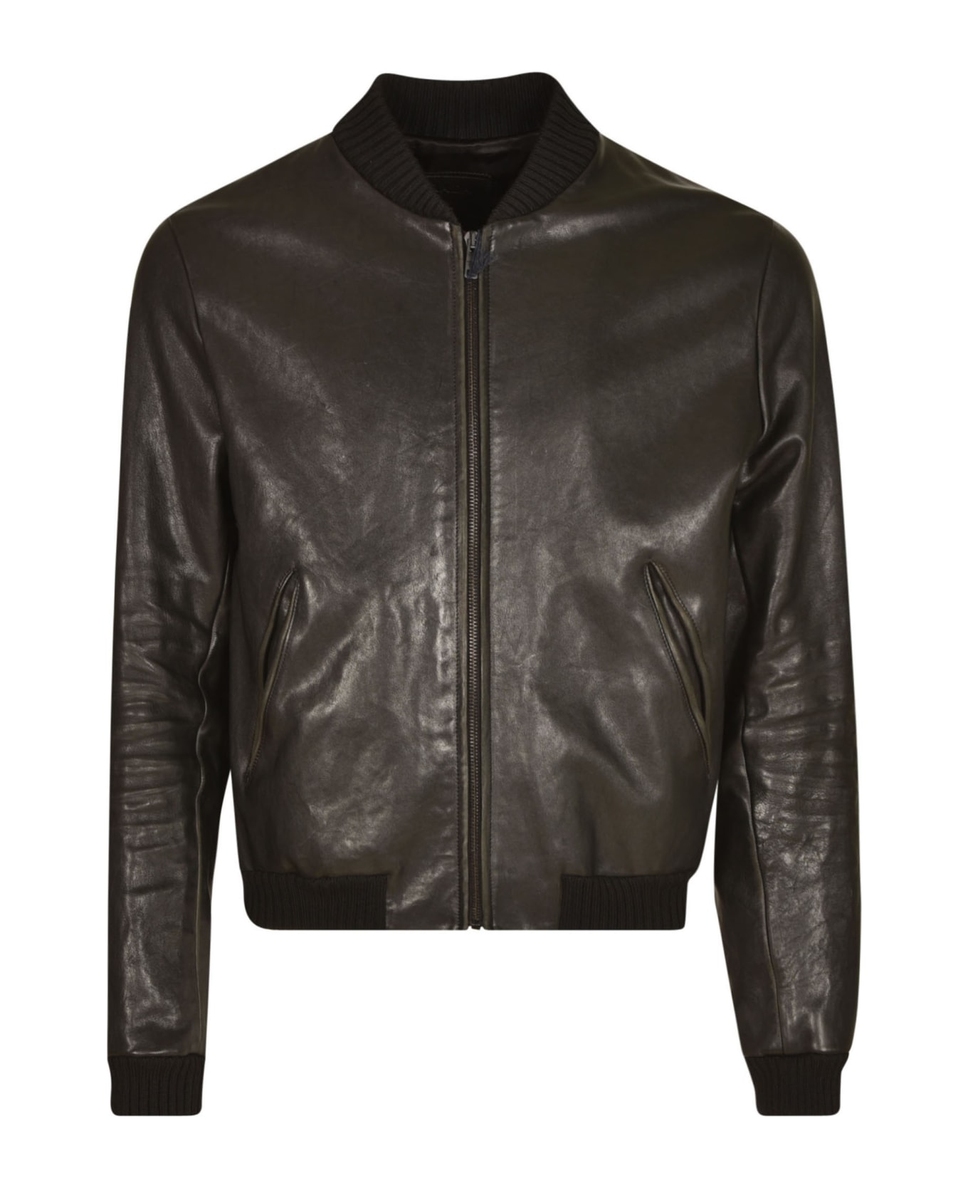 Prada Logo Patch Rib Trim Zipped Leather Jacket - Black レザージャケット