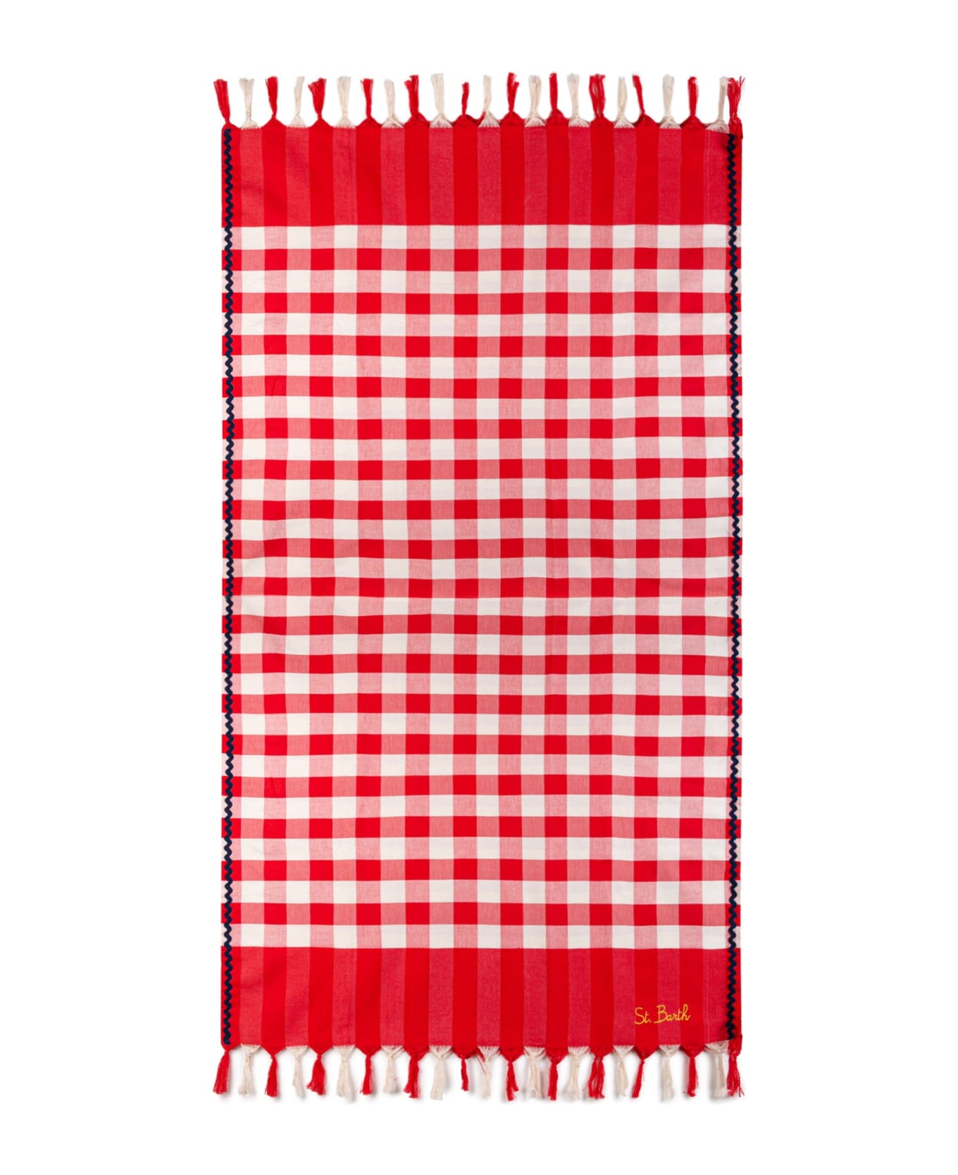 MC2 Saint Barth Fouta With Navy Blue Wave Trim And Gingham Print - RED