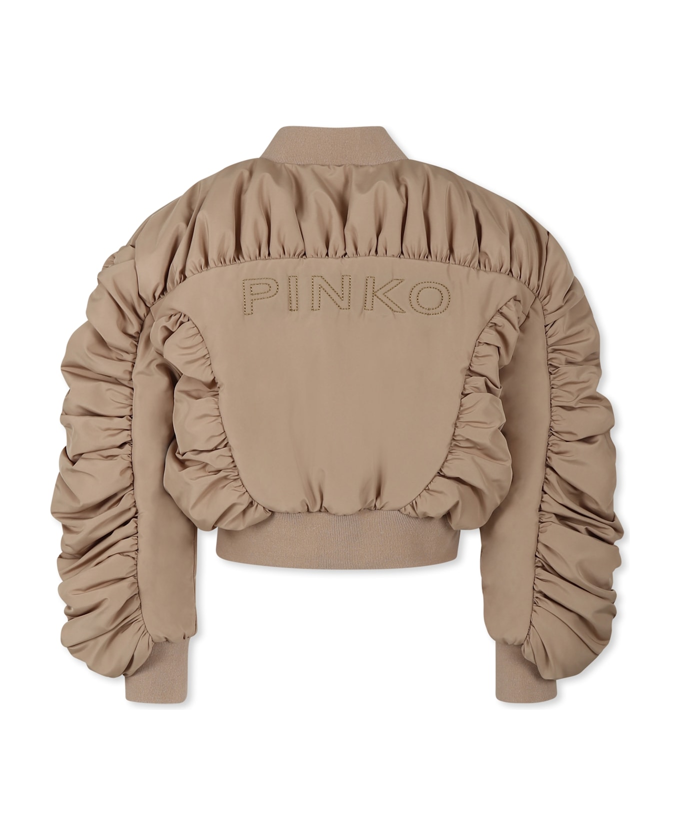 Pinko Beige Crop Bomber Jacket For Girl With Logo - Beige