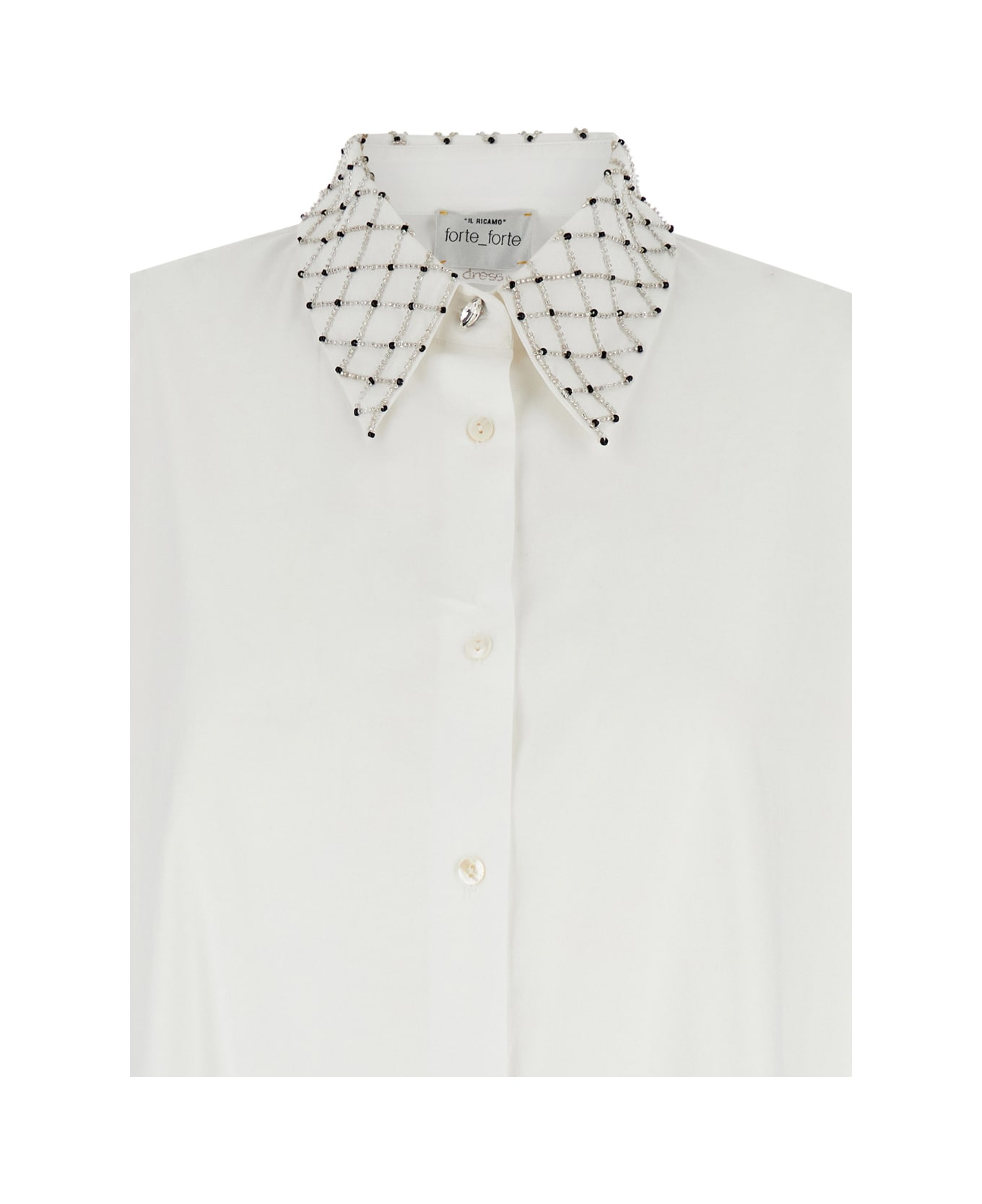 Forte_Forte White Maxi Shirt With Pearls Decoration In Cotton Woman - White シャツ