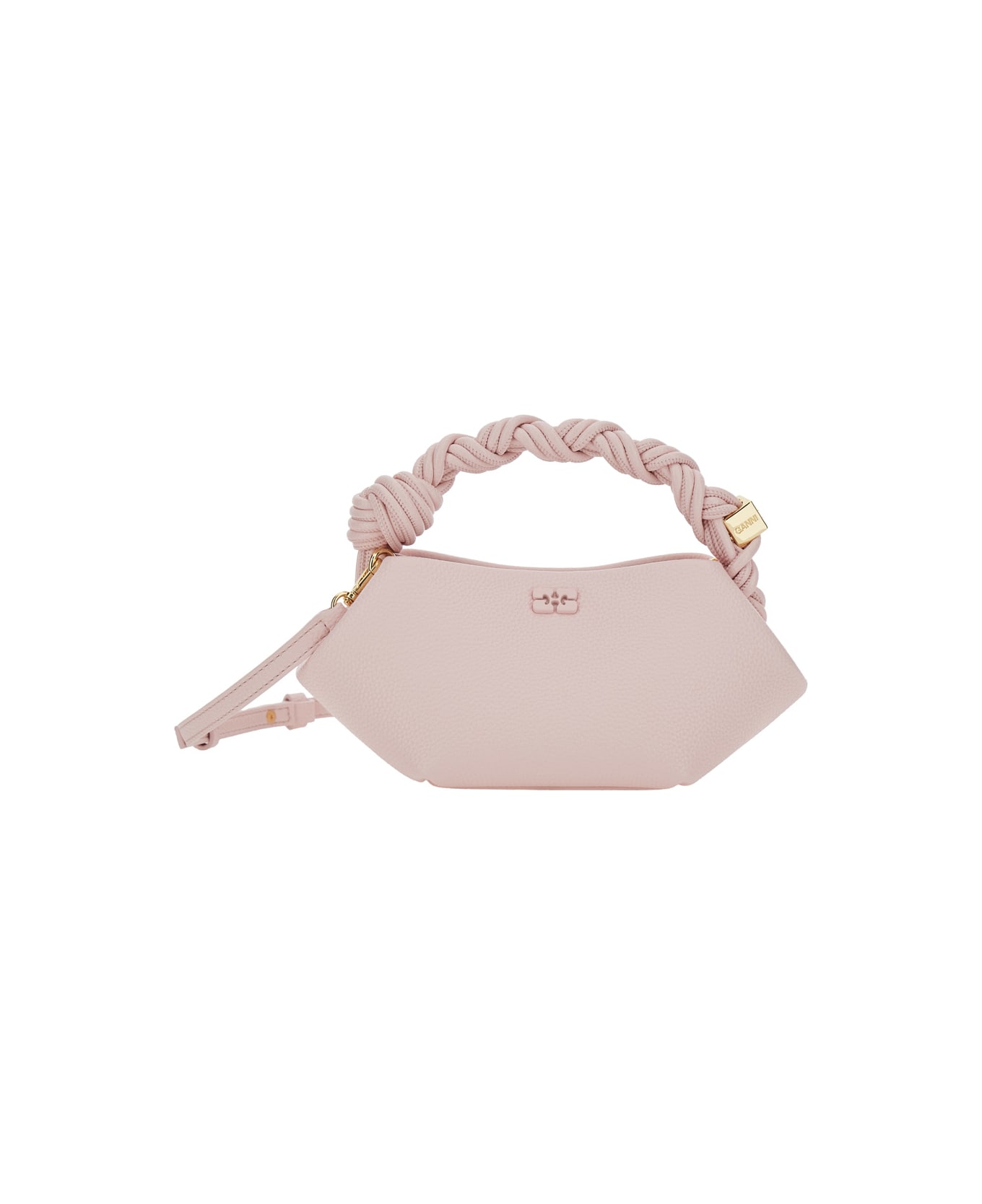 Ganni 'bou' Pink Mini Handbag With Braided Top Handle And Adjustable And Removable Shoulder Strap In Grained Leather Woman - Pink