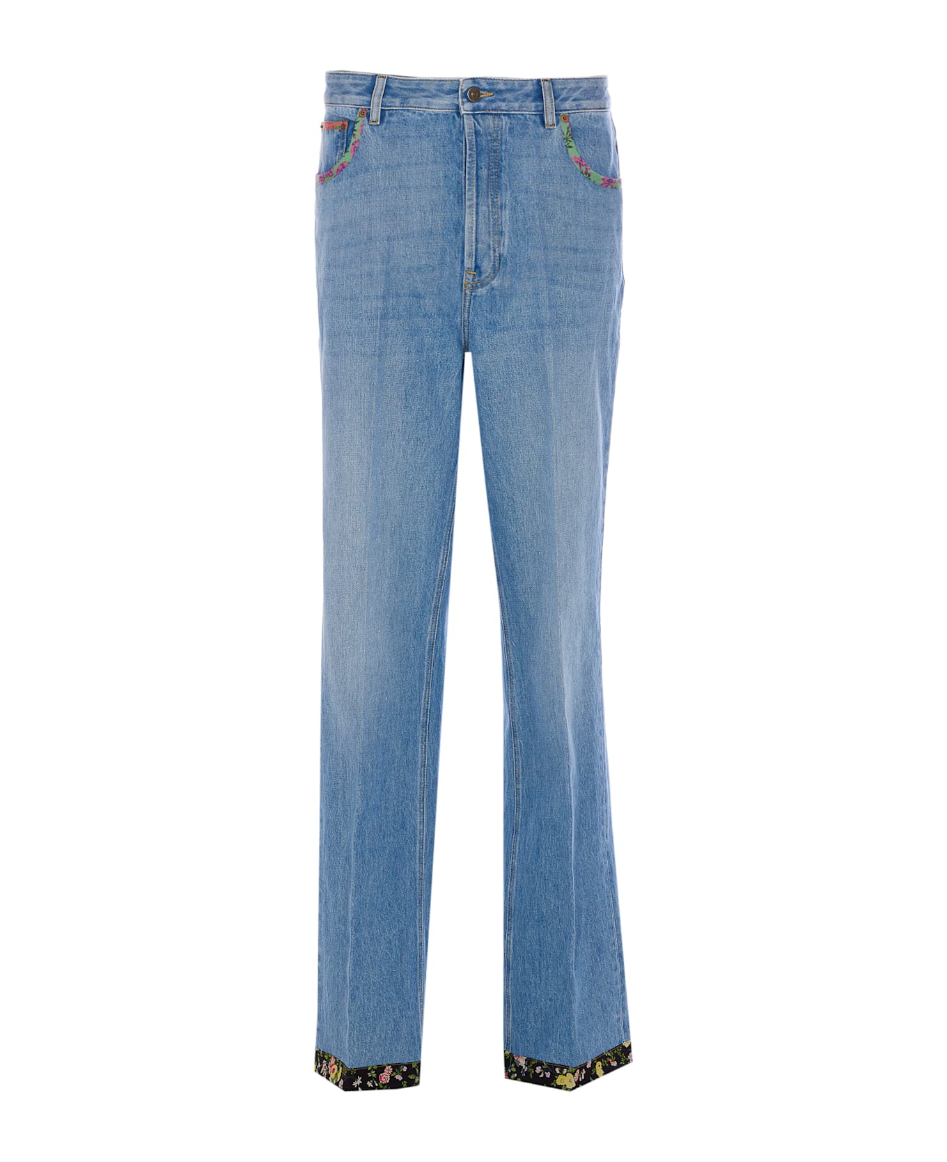 Valentino Garavani Floral Print Hem Denim Trousers - Blue