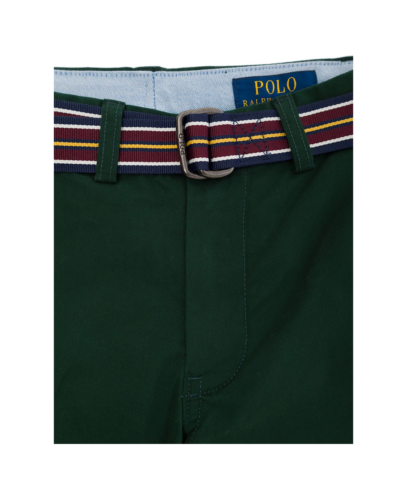 Polo Ralph Lauren Green Pants With Striped Belt And Pony Embroidery In Stretch Cotton Boy - Green