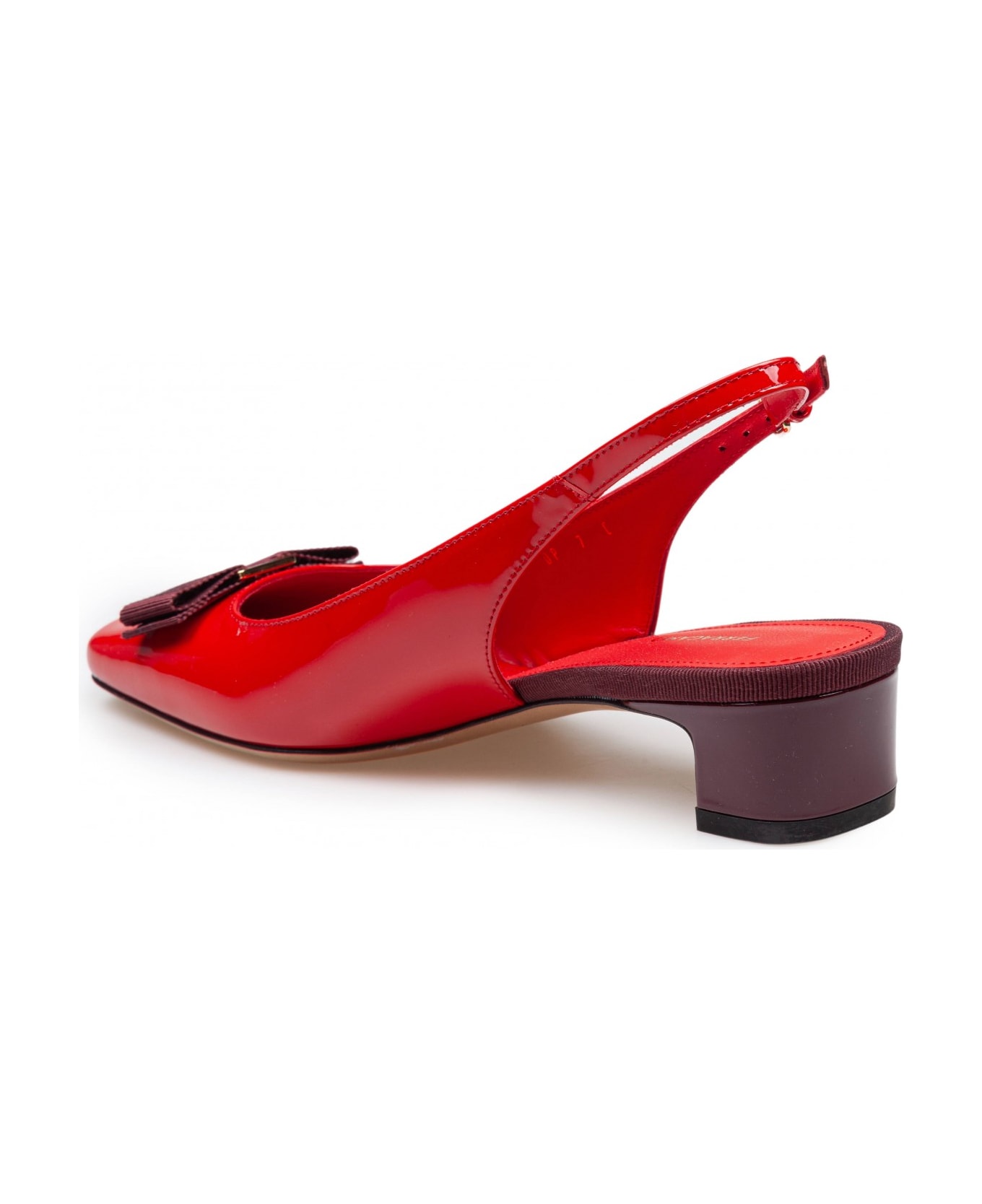Ferragamo Slingback Rivalda In Patent Leather Burgundy Color - Flame Red 