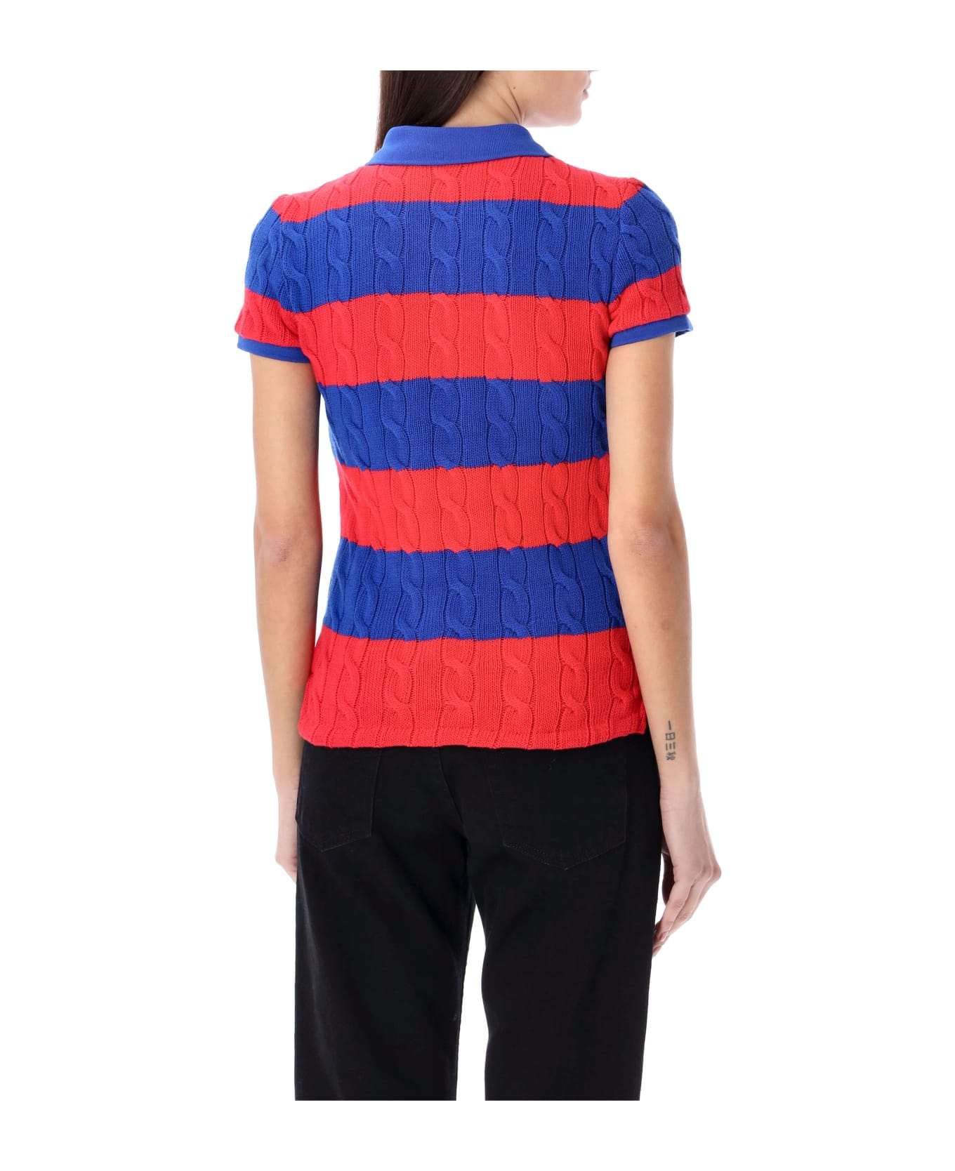 Polo Ralph Lauren Cotton Cable Knit Striped Polo Shirt - RED BLUE