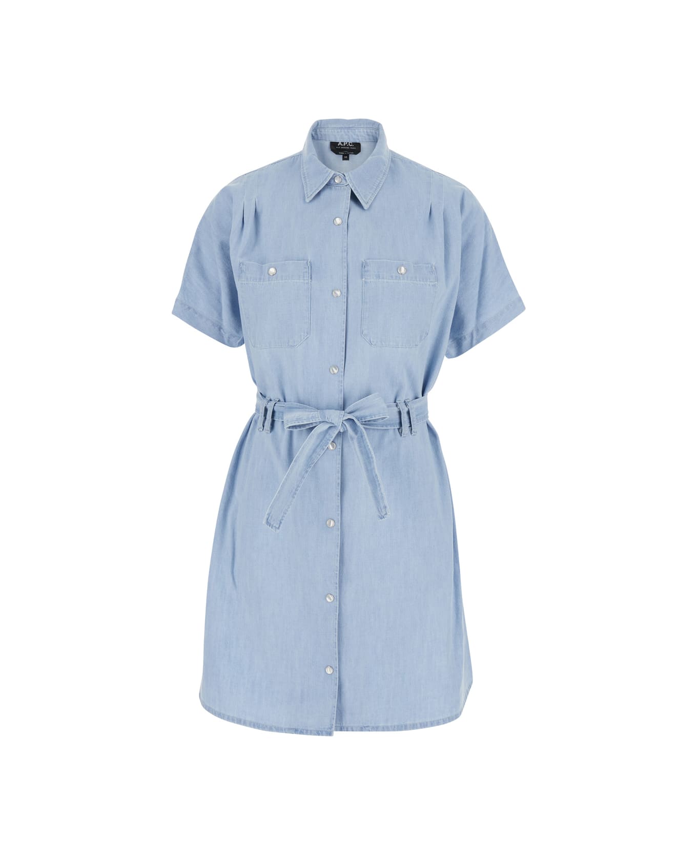 A.P.C. 
suzanne
 Light Blue Dress With Patch Pockets On The Chest And Waist Belt In Cotton Woman - Gnawed Blue