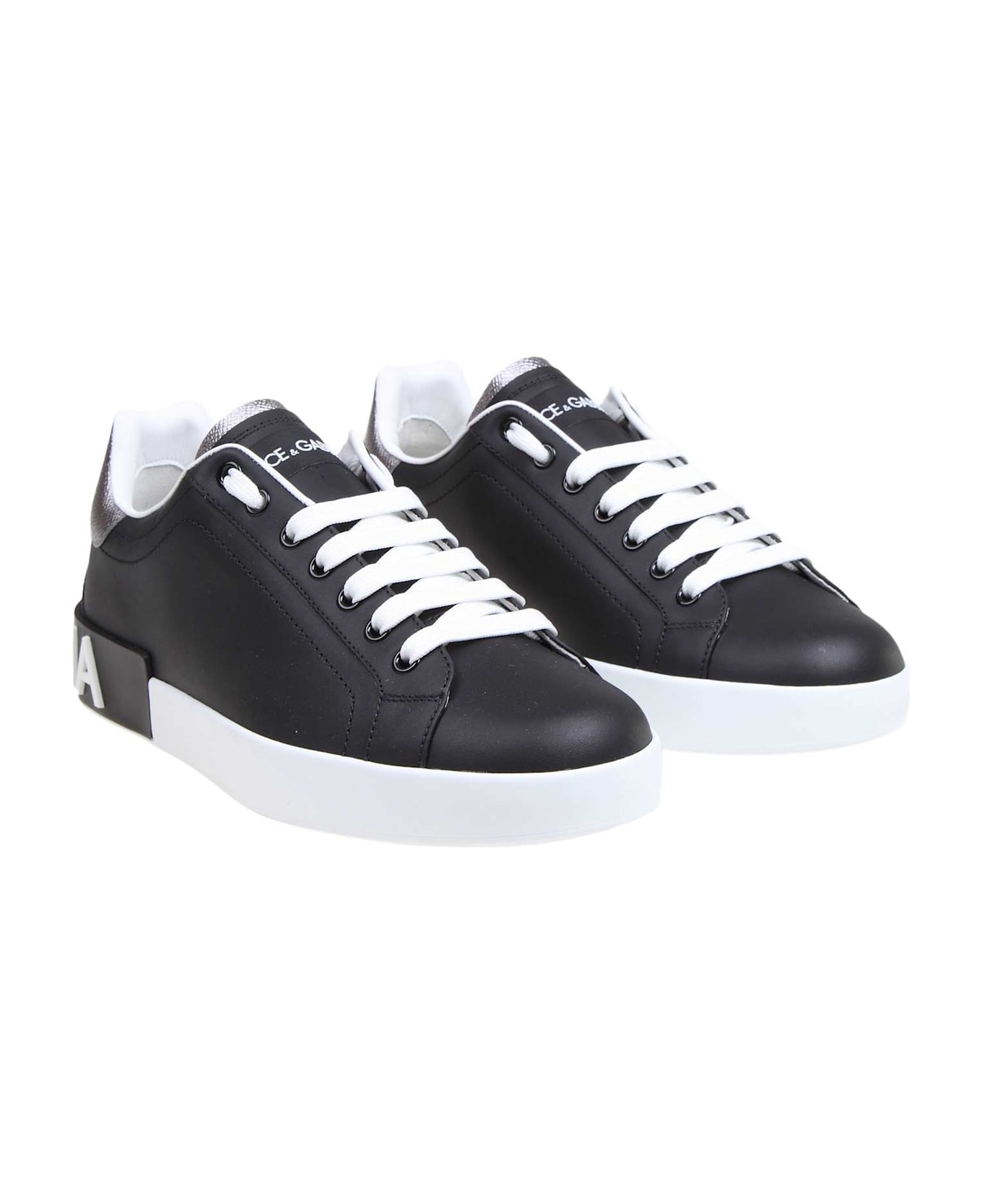 Dolce & Gabbana Portofino Sneakers In Black Nappa Calfskin - Black / Silver