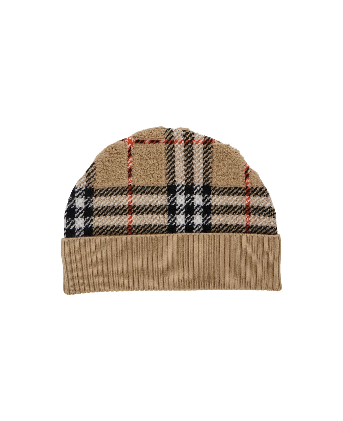 Burberry Beige Beanie With Check Motif And Ribbed Brim In Wool Boy - Beige