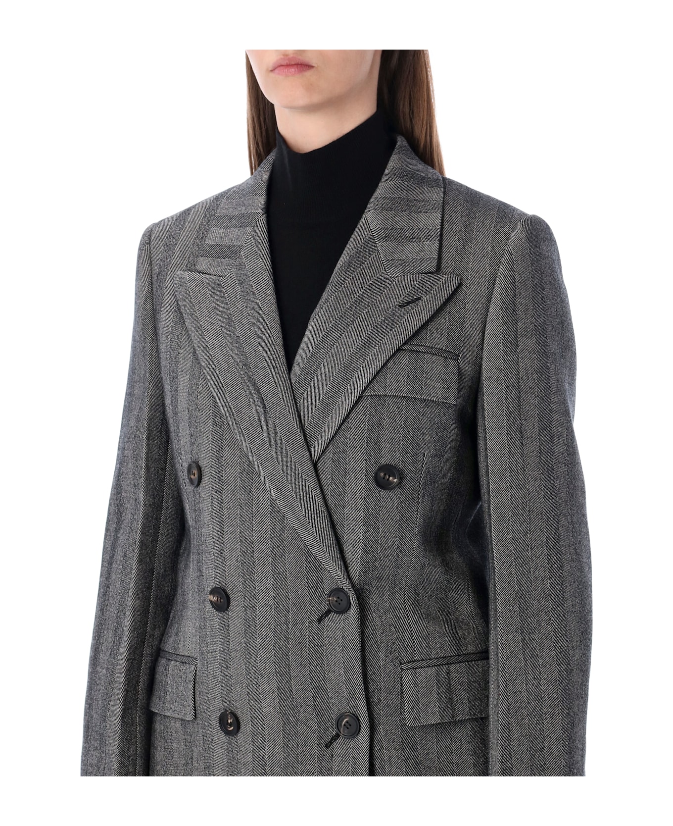 Ferragamo Oversized Double-breasted Chevron Wool Coat - NERO WHITE