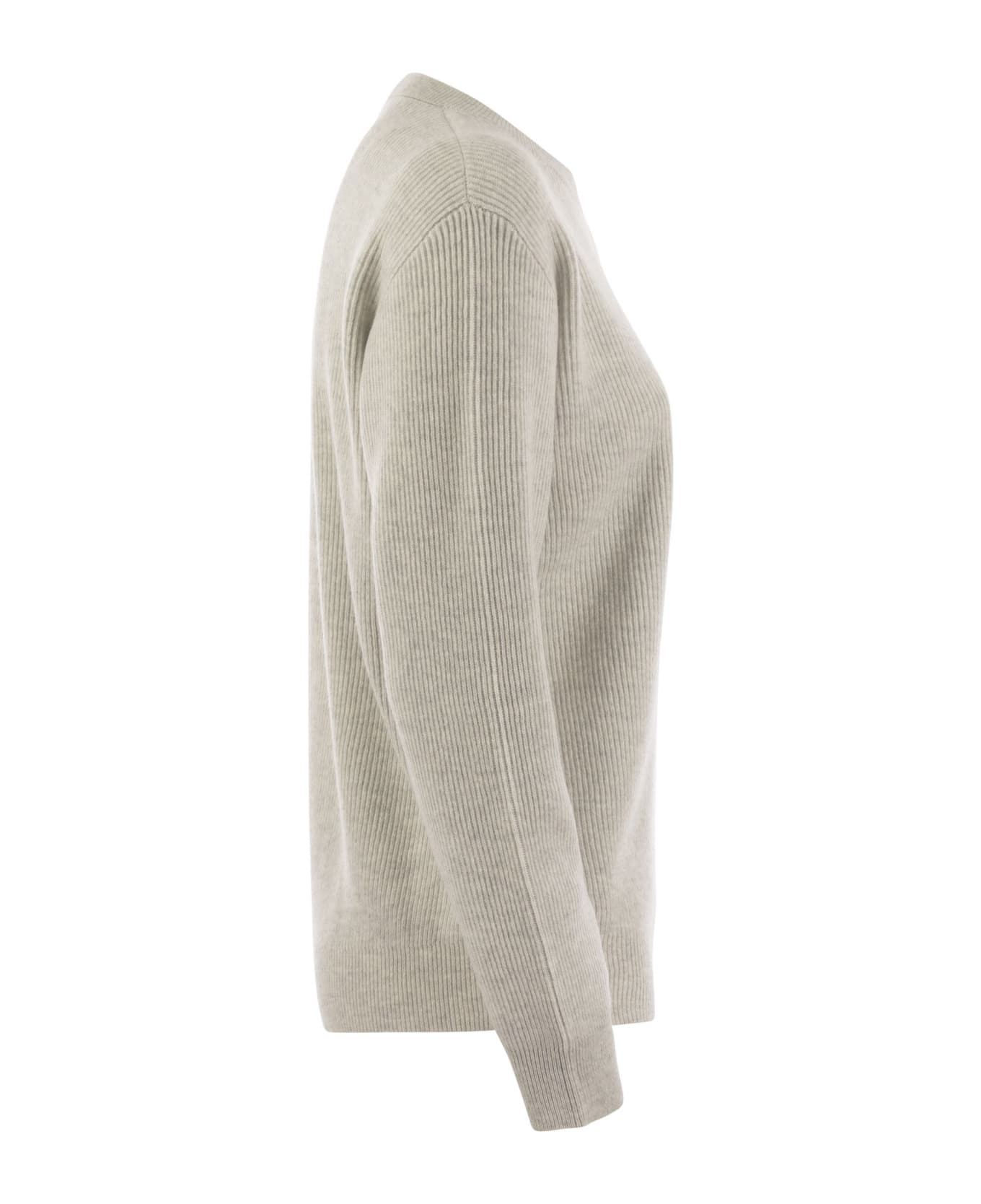 Brunello Cucinelli English Rib Cashmere Sweater With Monile - Fog