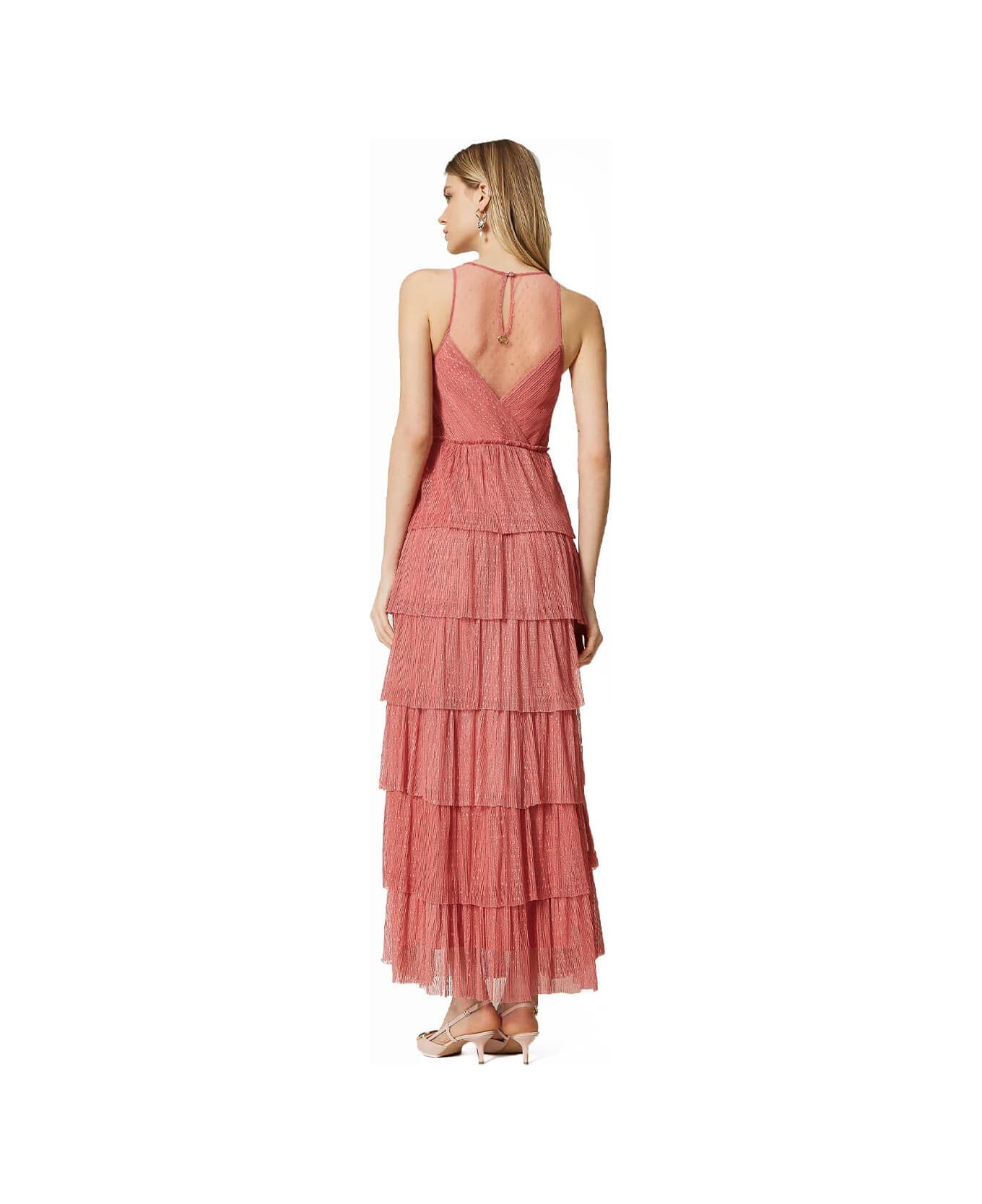 TwinSet Dark Pink Long Dress With Flounces - Pink