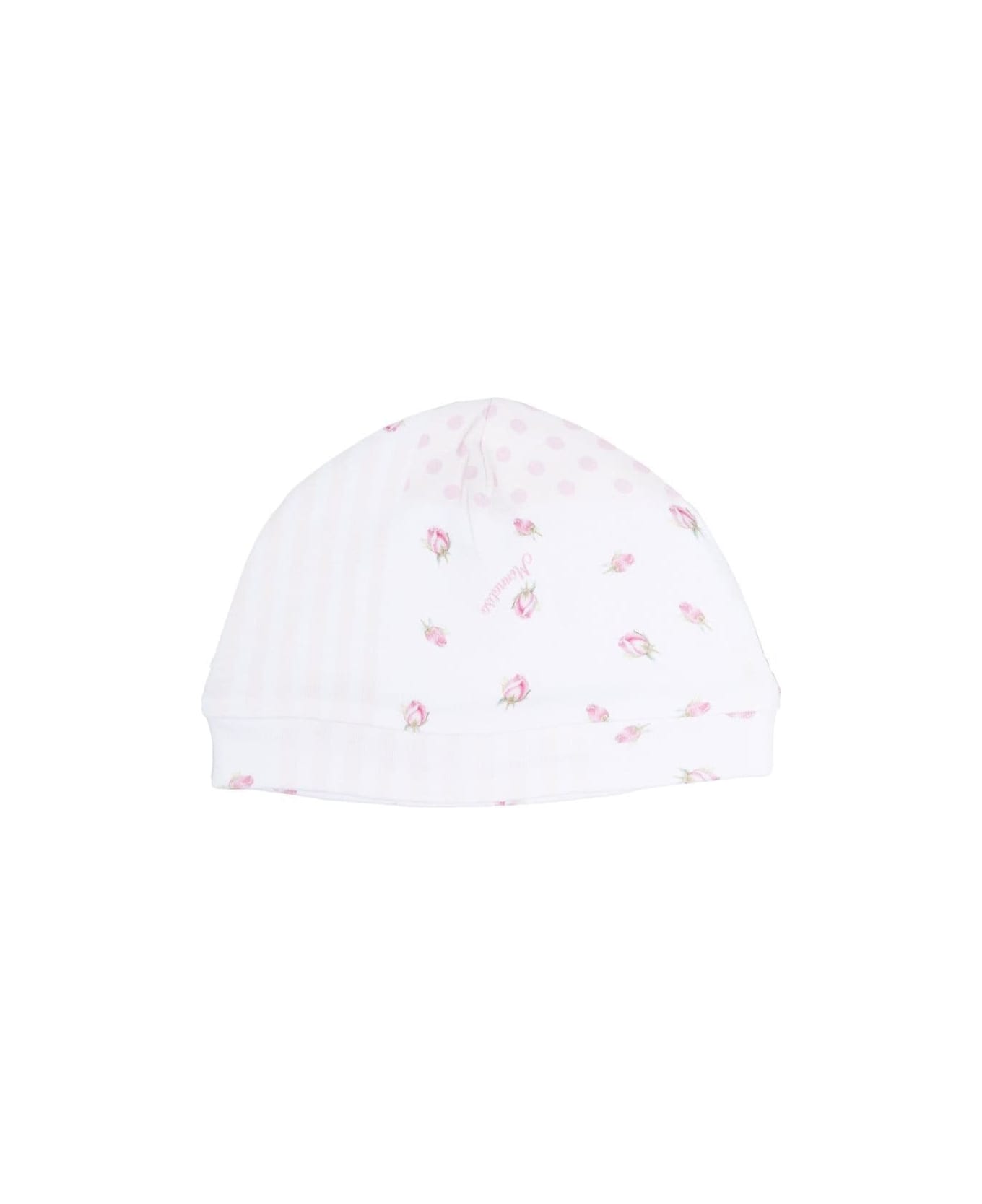 Monnalisa Pink And White Bonnet With Mixed Prints In Cotton Baby - White