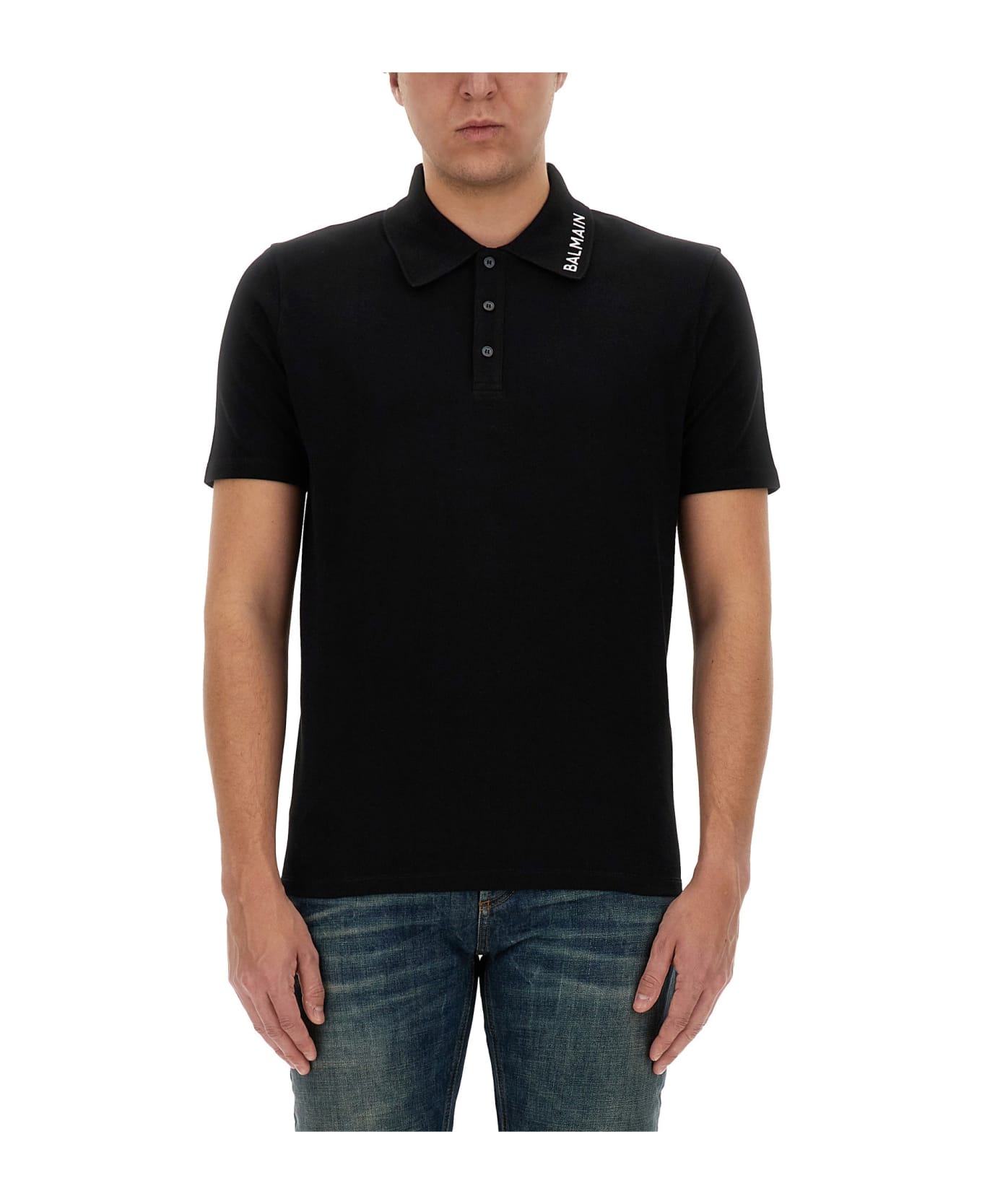 Balmain Logo Embroidered Short-sleeved Polo Shirt - Eab Noir Blanc ポロシャツ
