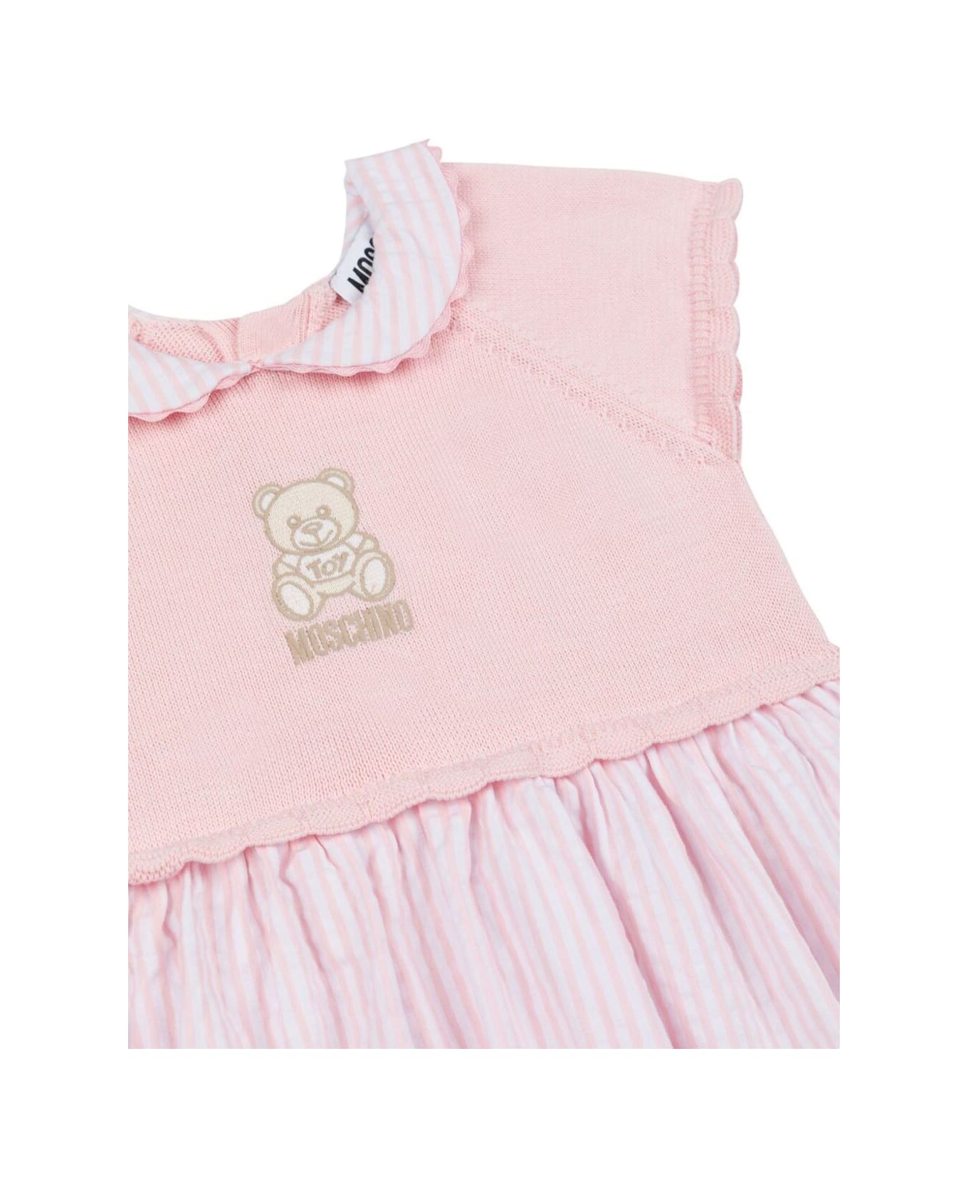 Moschino Pink Dress With Peter Pan Collar And Logo Embroidery On The Front In Cotton Stretch Baby - Pink