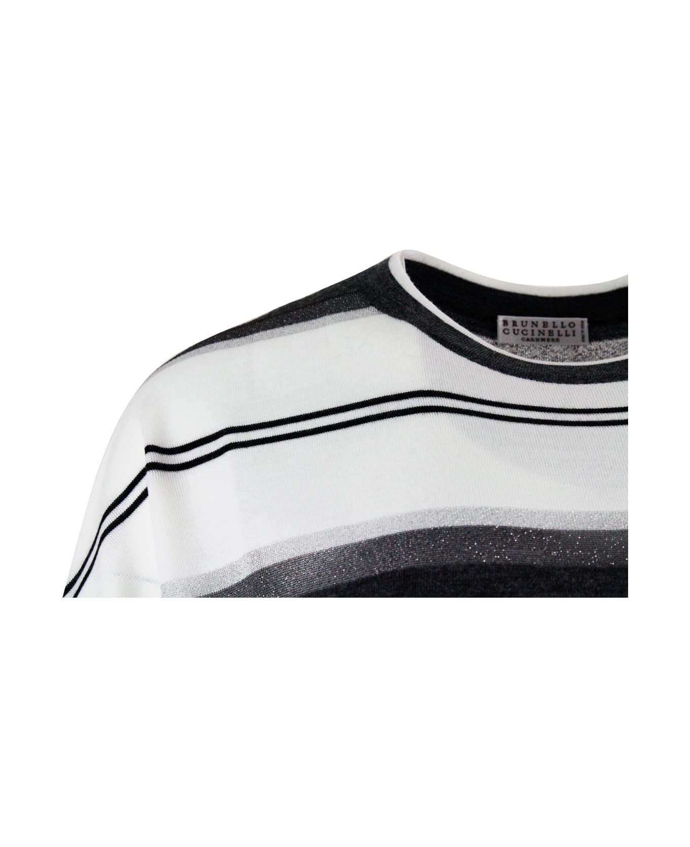Brunello Cucinelli Oversized Sweater With Stripes And Lurex In Wool And Cashmere - White