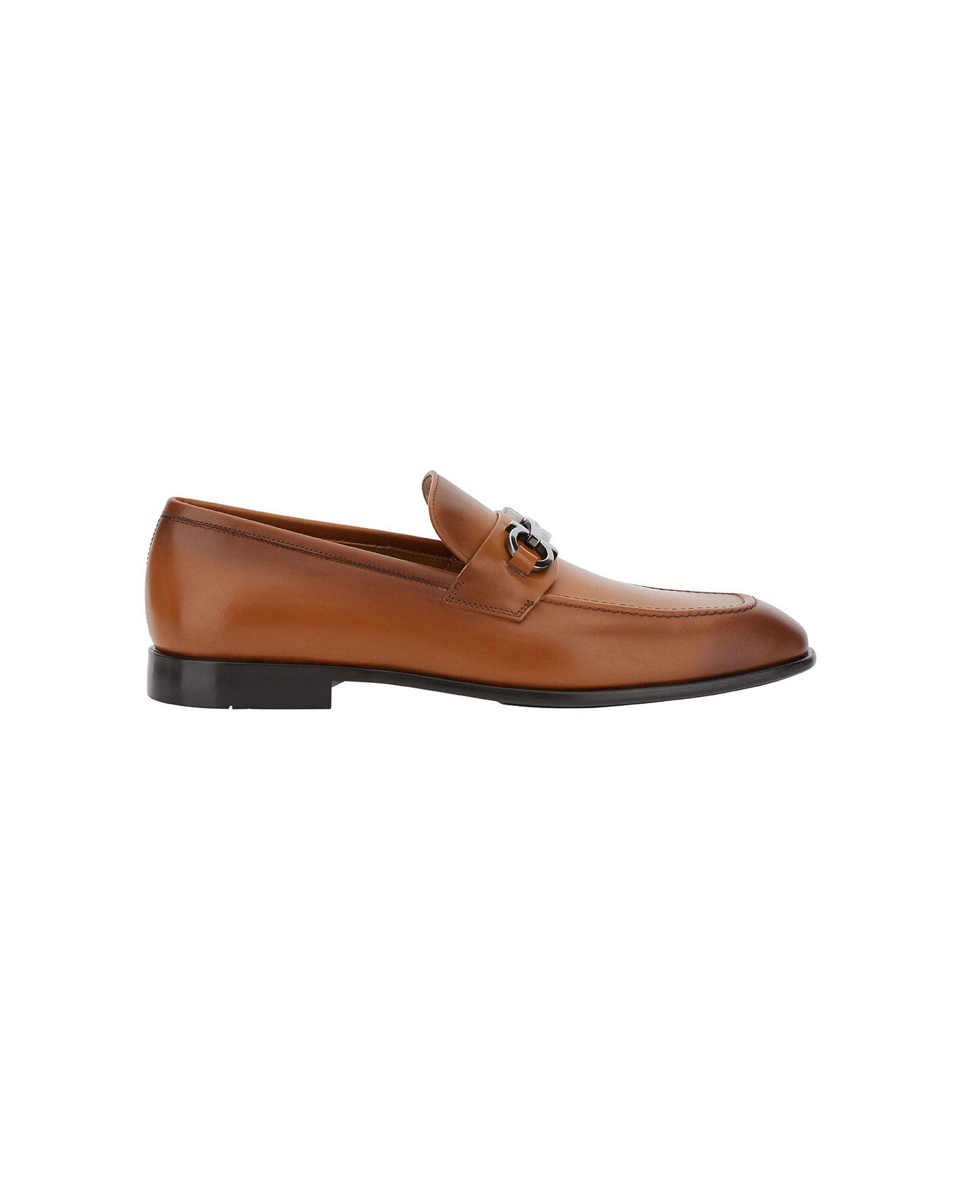 Ferragamo Brown Loafers With Gancini Detail In Leather Man - Beige