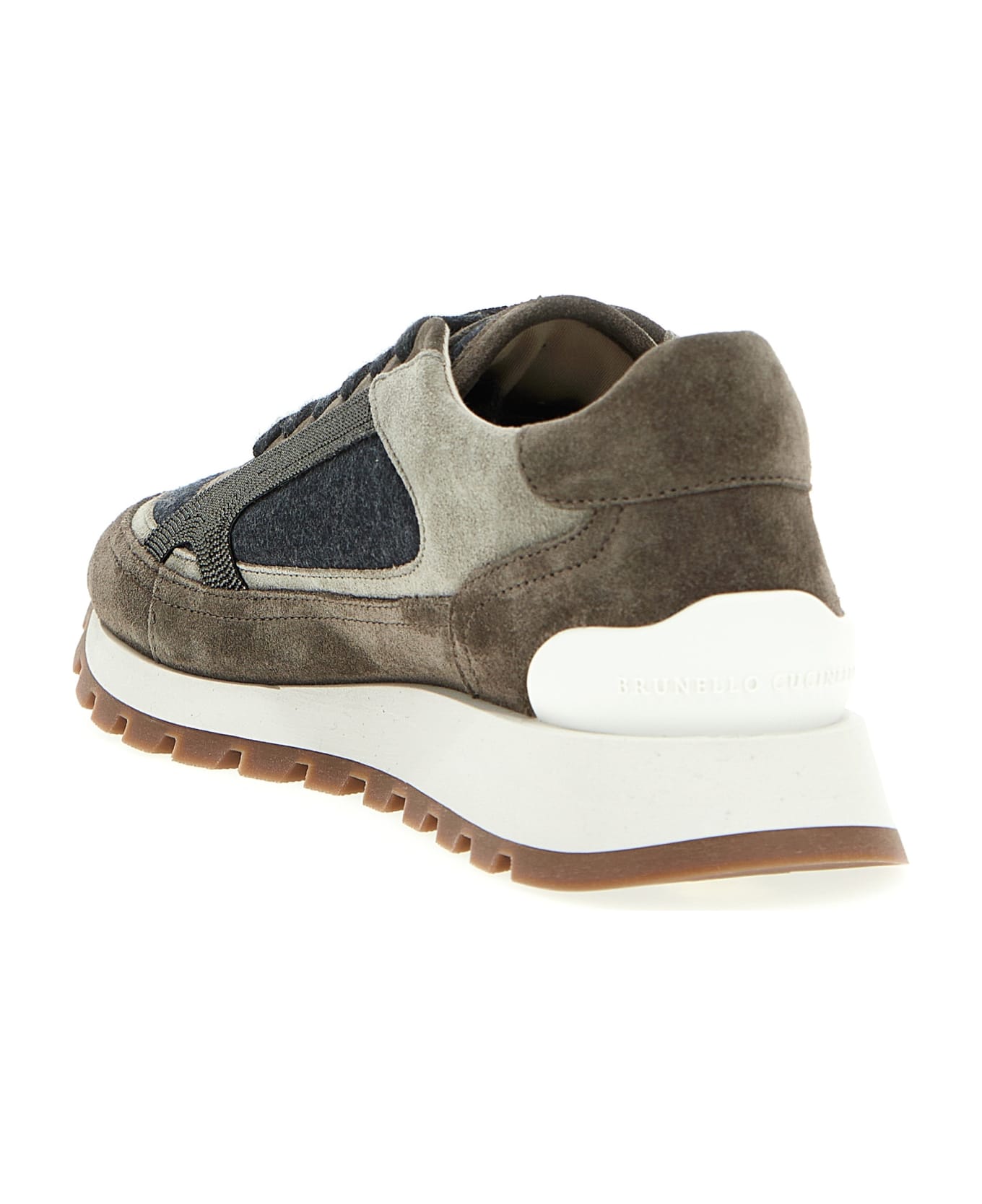 Brunello Cucinelli Suede Runner Sneaker Shoe With Wool Inserts Embellished With Brilliant Monili Detail On The Sides. Closure With Laces - Dark Grey