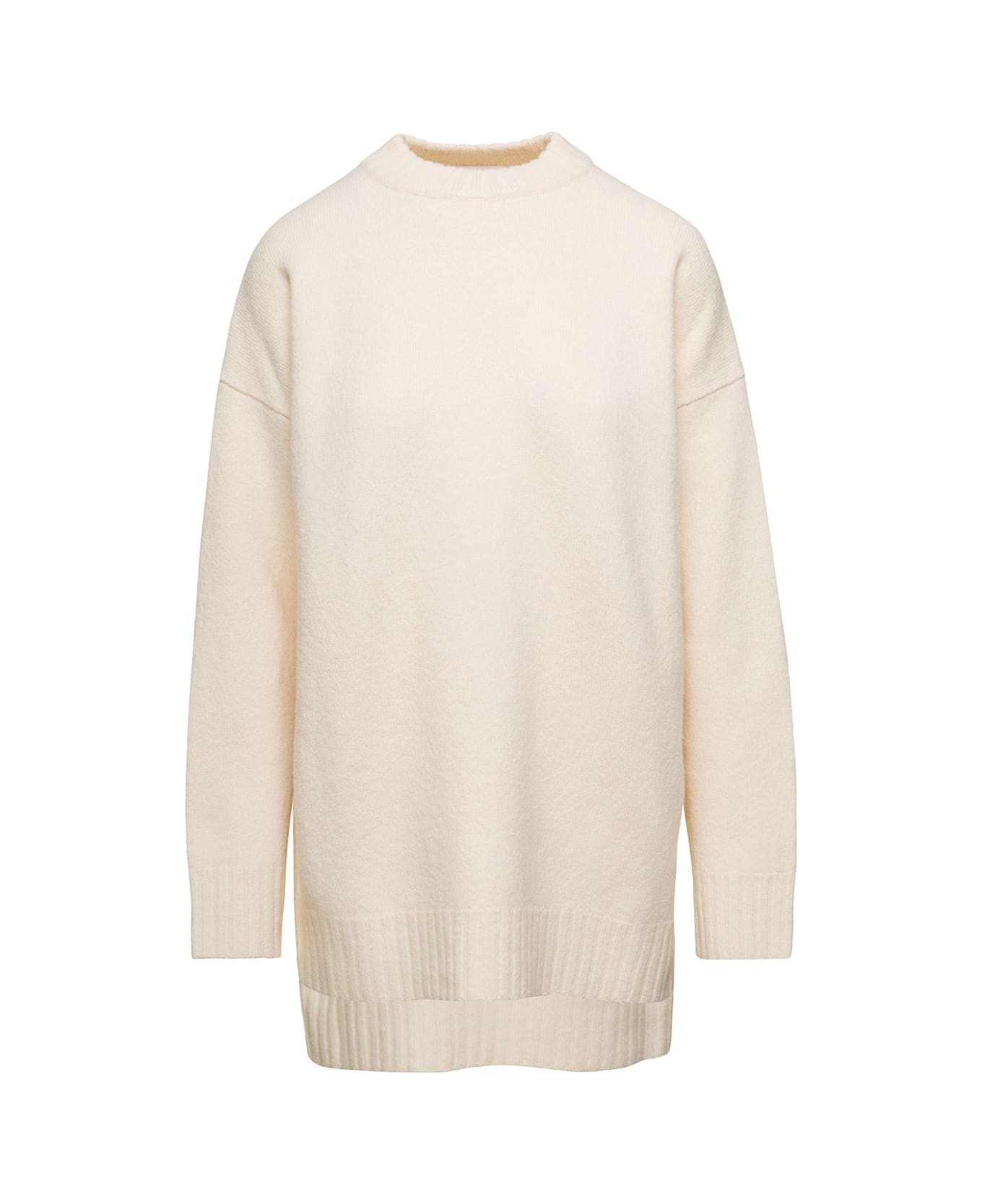 Jil Sander Oversized White Crewneck Sweater With Shorter Hem At The Front In Wool Woman - White