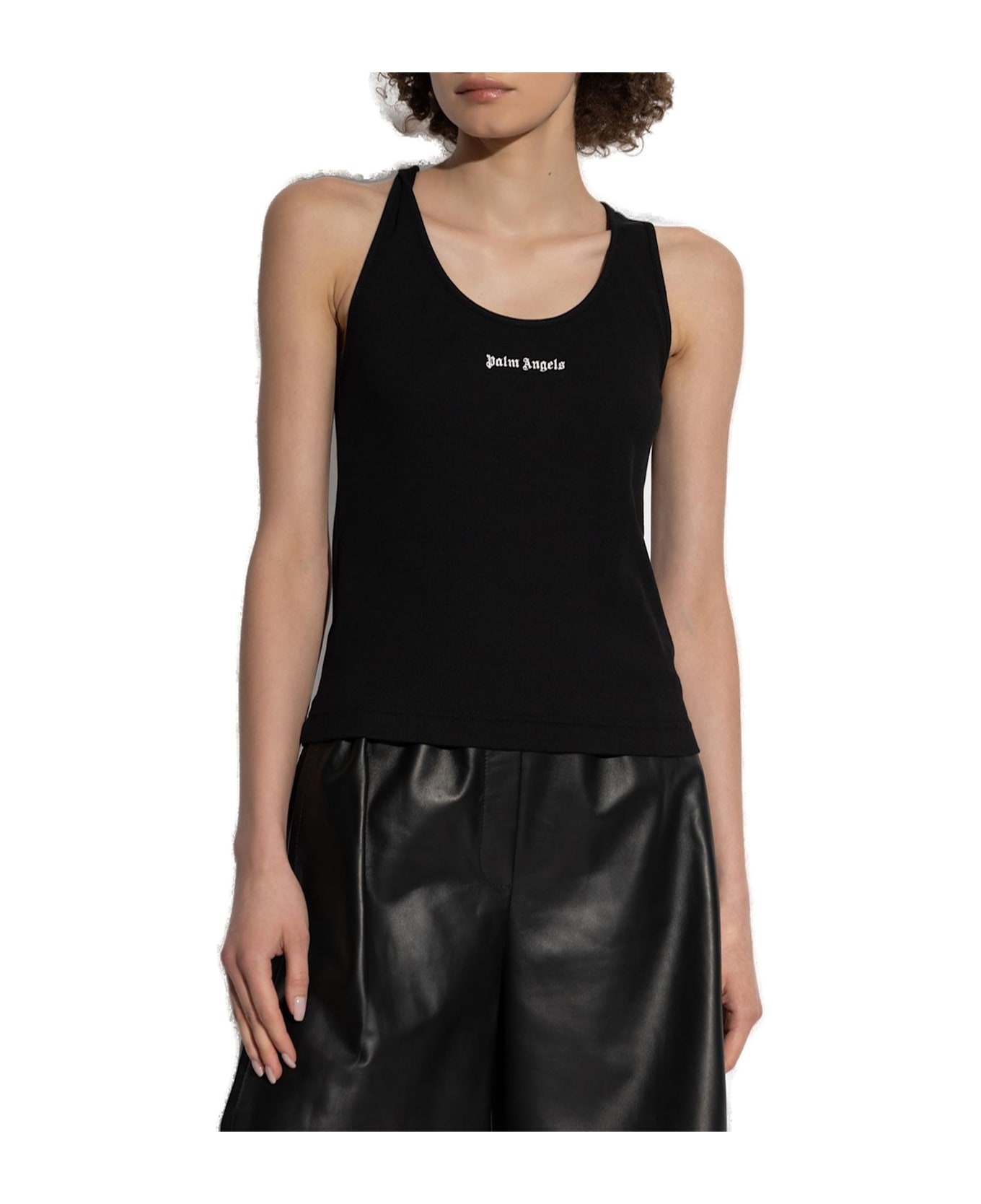 Palm Angels Logo Embroidered Ribbed Tank Top - Nero e Bianco