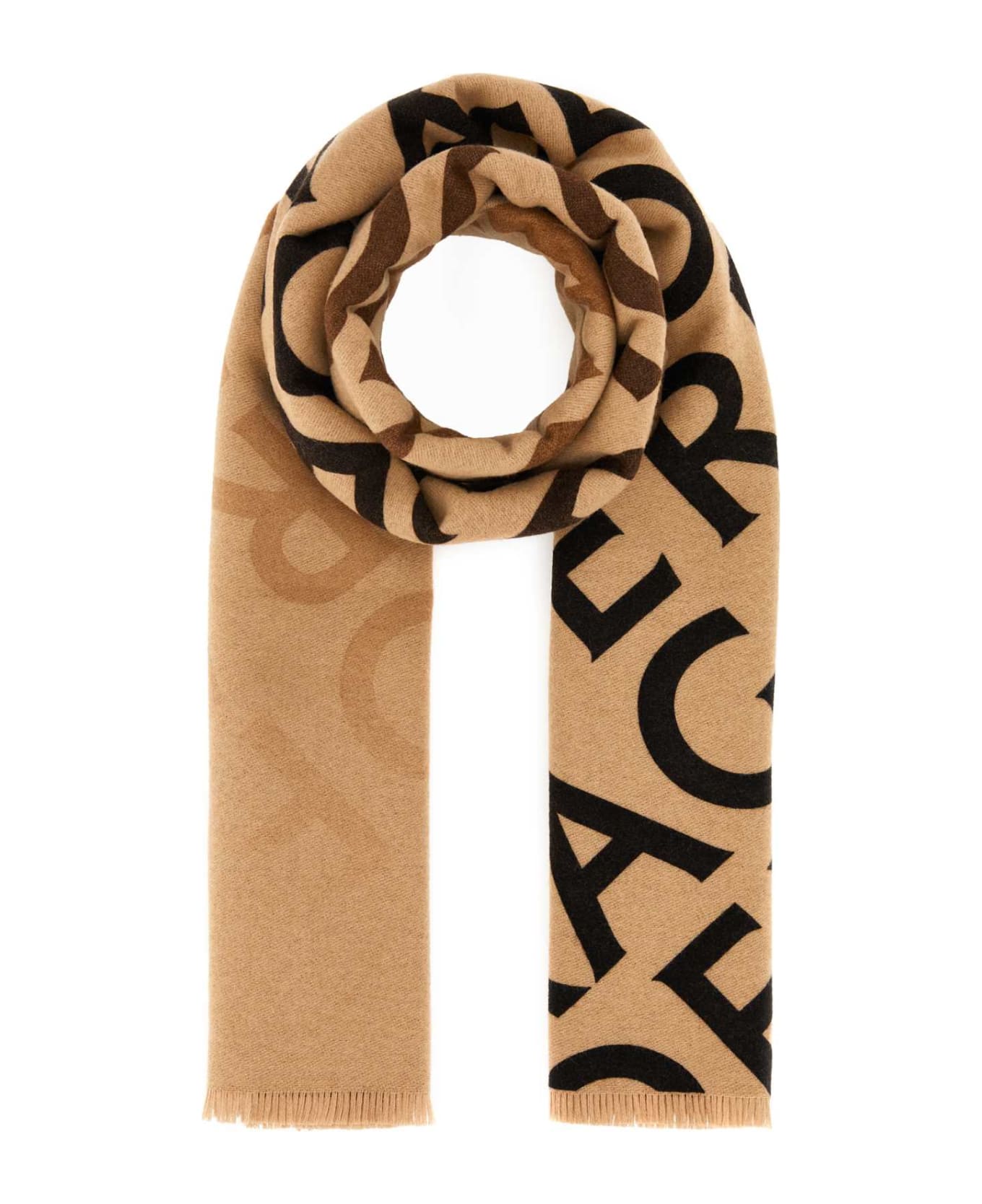 Ferragamo Embroidered Wool Blend Reversible Scarf - BLACKBEIGECAMEL