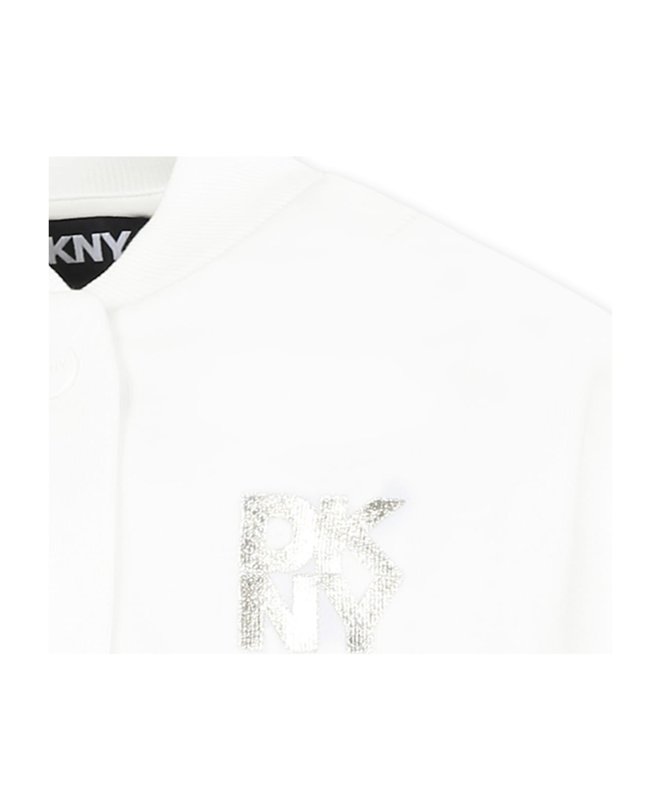 DKNY White Bomber Jacket For Girl With Logo - White