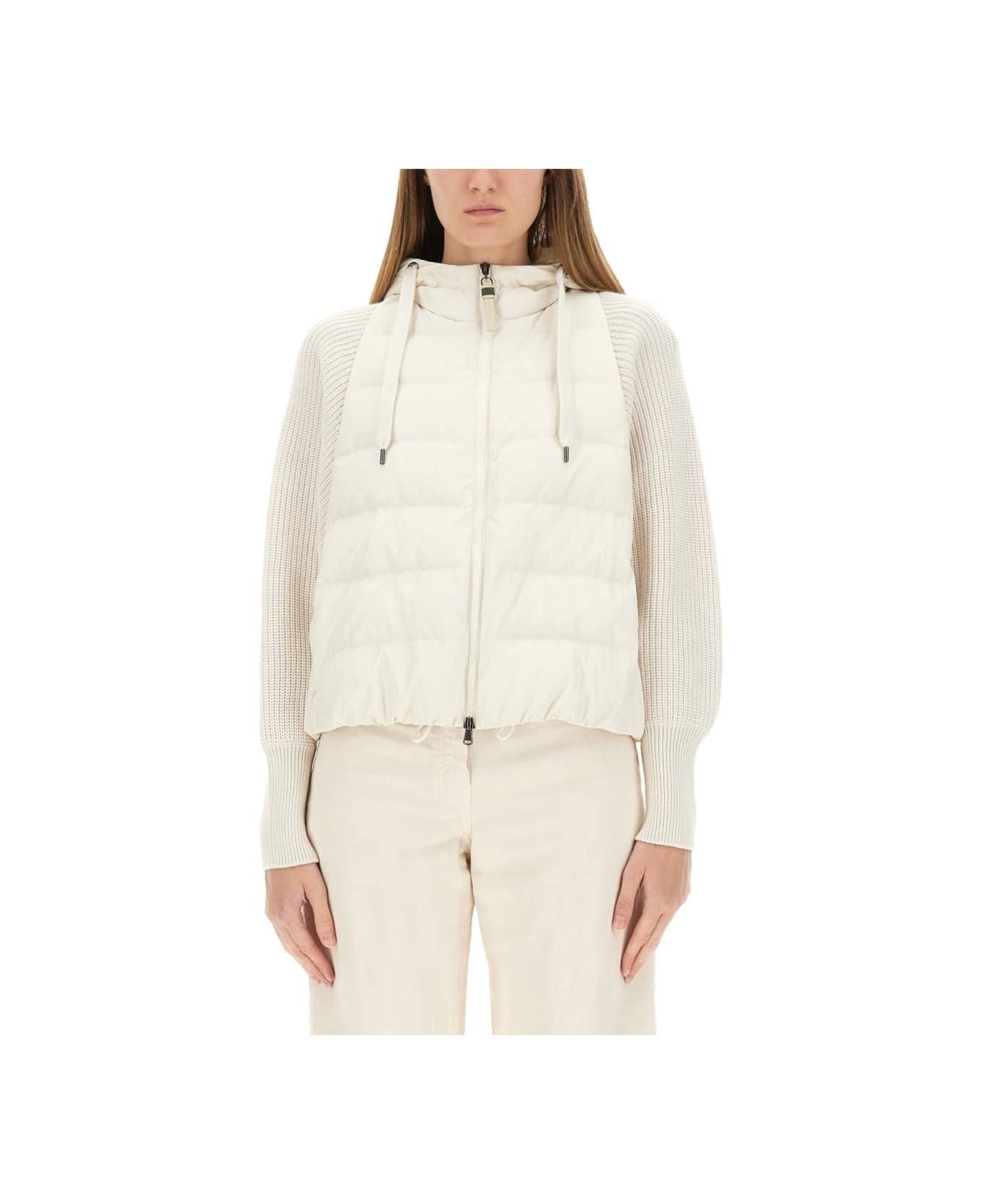 Brunello Cucinelli Down Jacket With Knitted Sleeves - IVORY