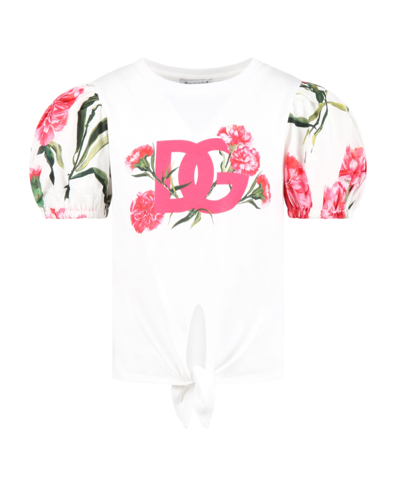 Dolce & Gabbana White T-shirt For Girl With Carnations - White