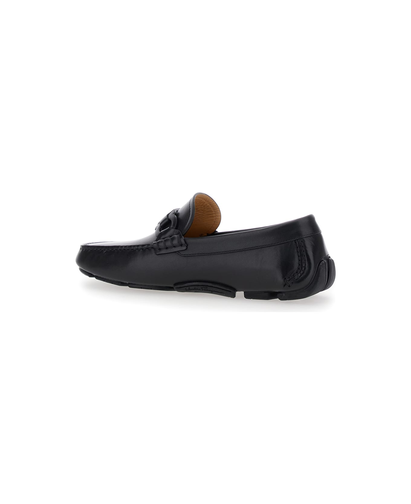 Ferragamo Black Loafers With Ganicini Plaque On The Front In Leather Man - Black