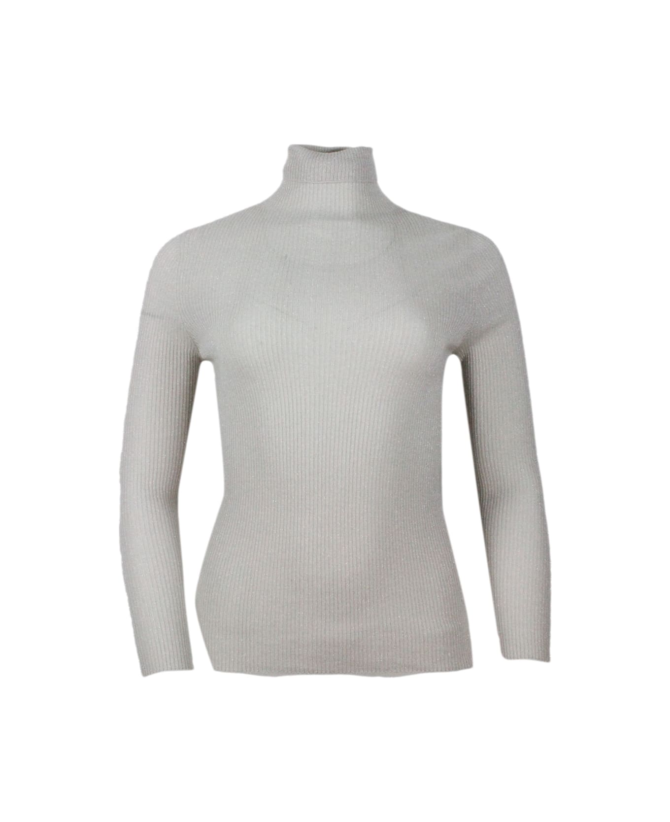 Fabiana Filippi Long-sleeved Turtleneck Sweater In Merino Lamè Embellished With Shiny Lurex That Gives Brightness - Beige