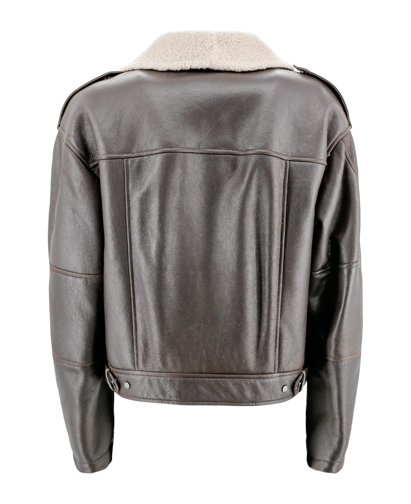 Brunello Cucinelli Giacca Biker In Pelle Con Collo In Shearling - Cioccolato