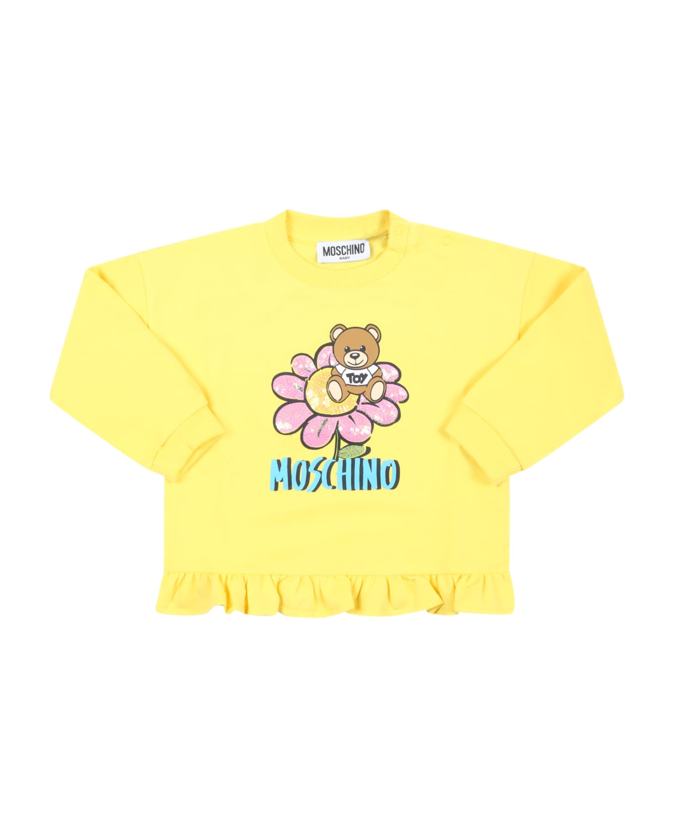Moschino Yellow Sweatshirt For Baby Girl With Teddy Bear And Flower - Yellow