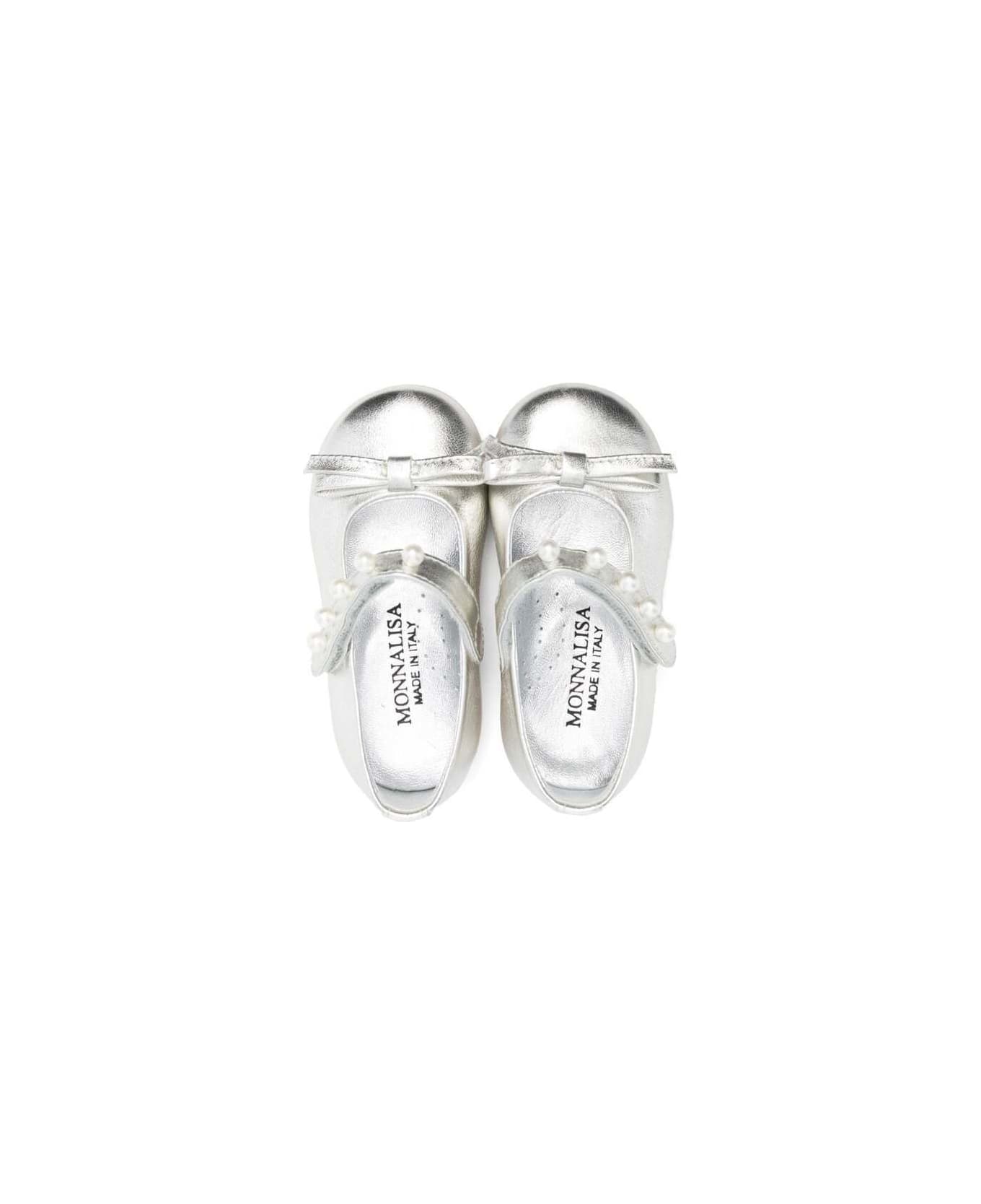Monnalisa Silver Ballet Flats With Pearls And Bow Detail In Laminated Leather Girl - Metallic