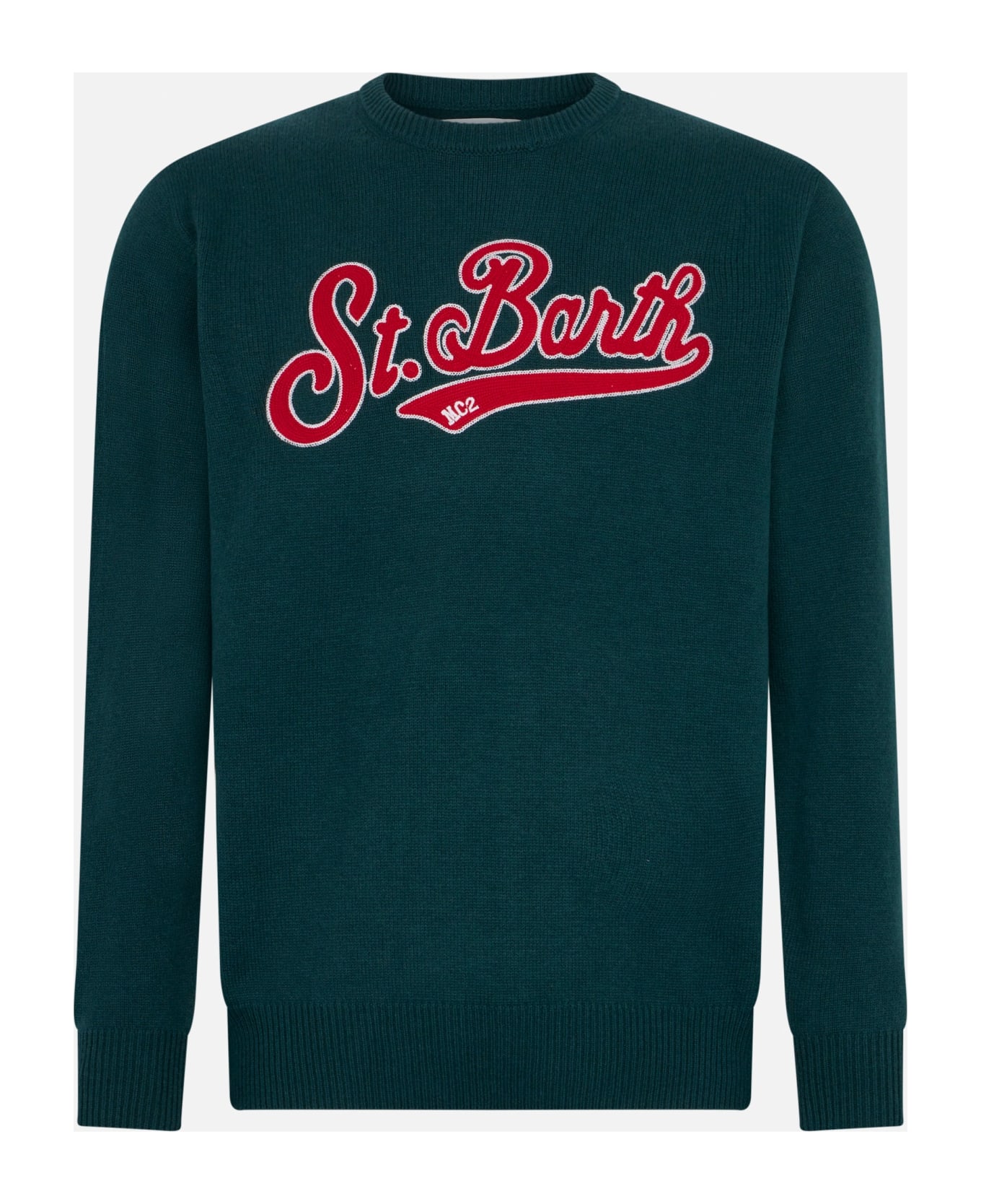 MC2 Saint Barth Man Crewneck Green Sweater With St. Barth Embroidery - GREEN