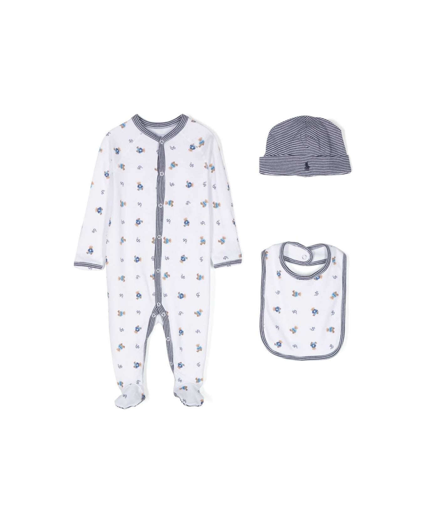 Polo Ralph Lauren Set Of White Jumpsuits With Beanie And Bib With All-over Polo Bear Print In Cotton Baby - Blu