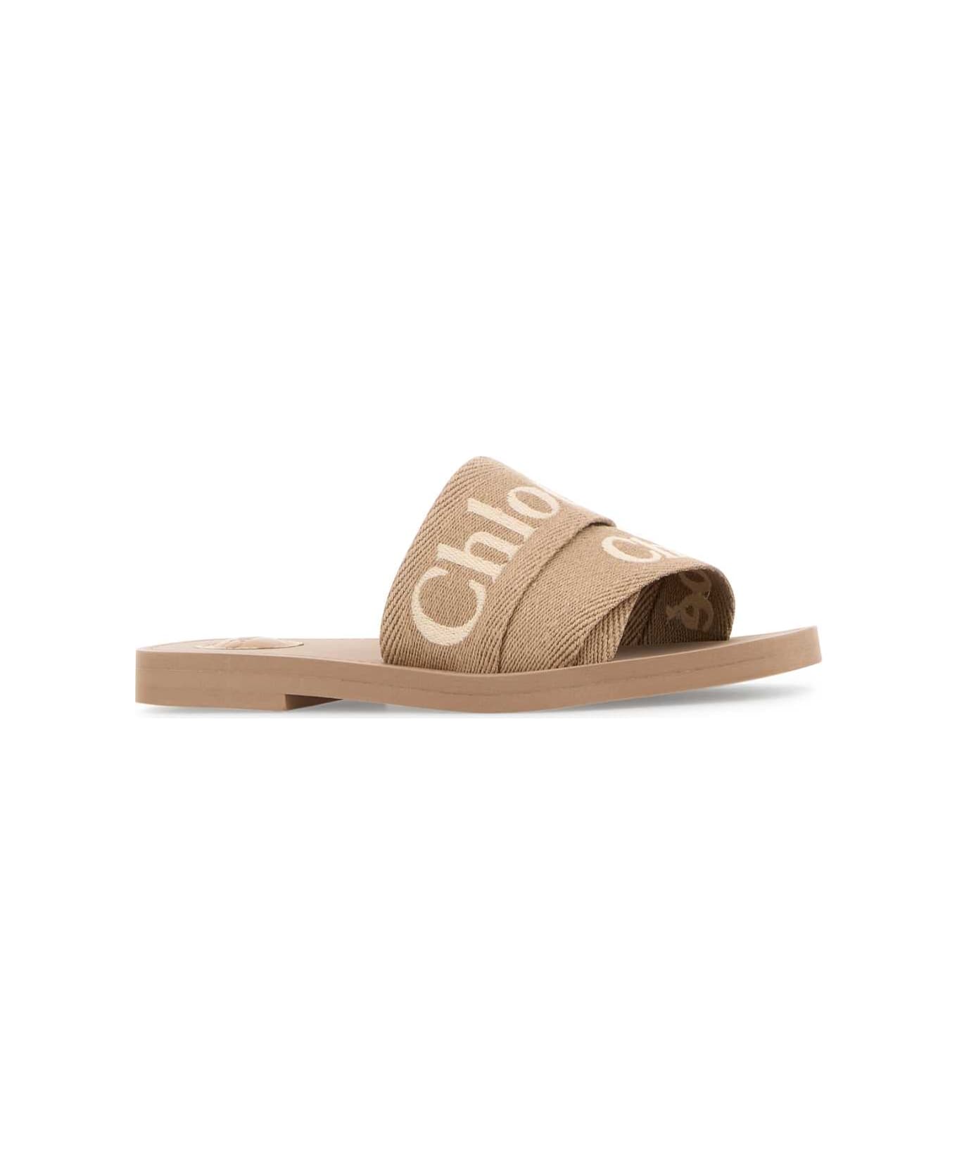 Chloé Beige Linen Woody Slippers - POWDER