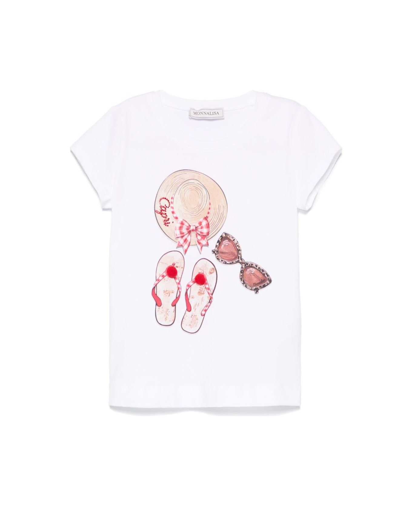 Monnalisa White Crewneck T-shirt With Maxi Print On The Front In Cotton Stretch Girl - White