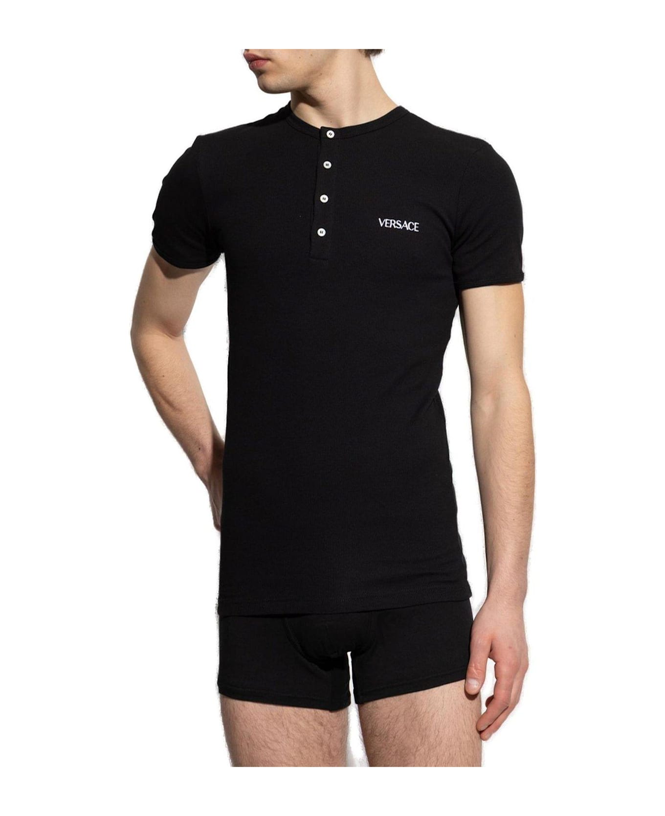 Versace Logo Embroidered T-shirt - Black