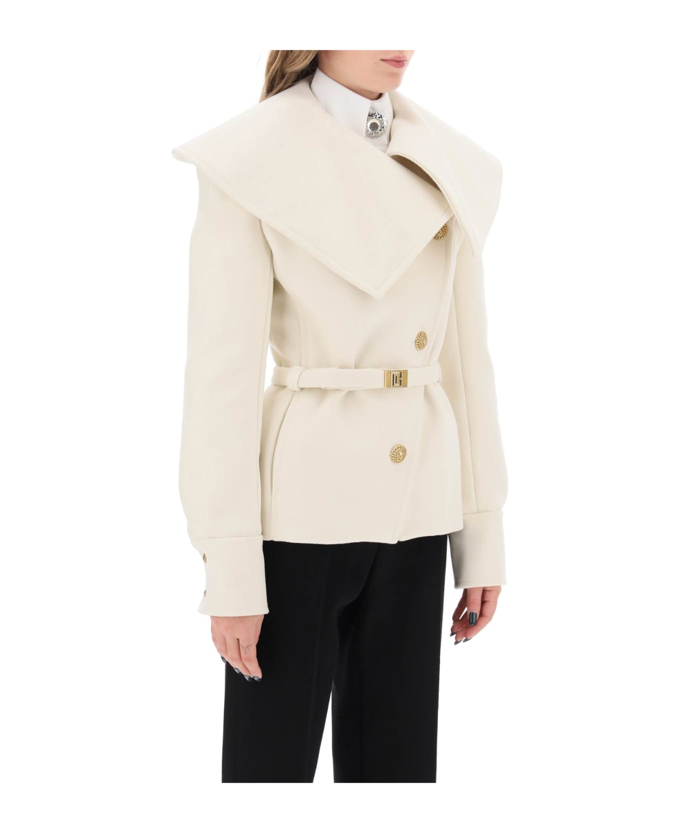 Balmain Belted Double-breasted Peacoat - BLANC (White)