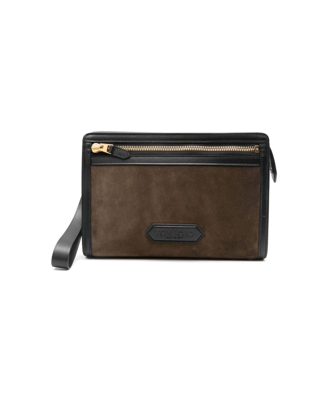 Tom Ford Suede And Smooth Calf Leather Medium Zip Pouch - Army Green Black