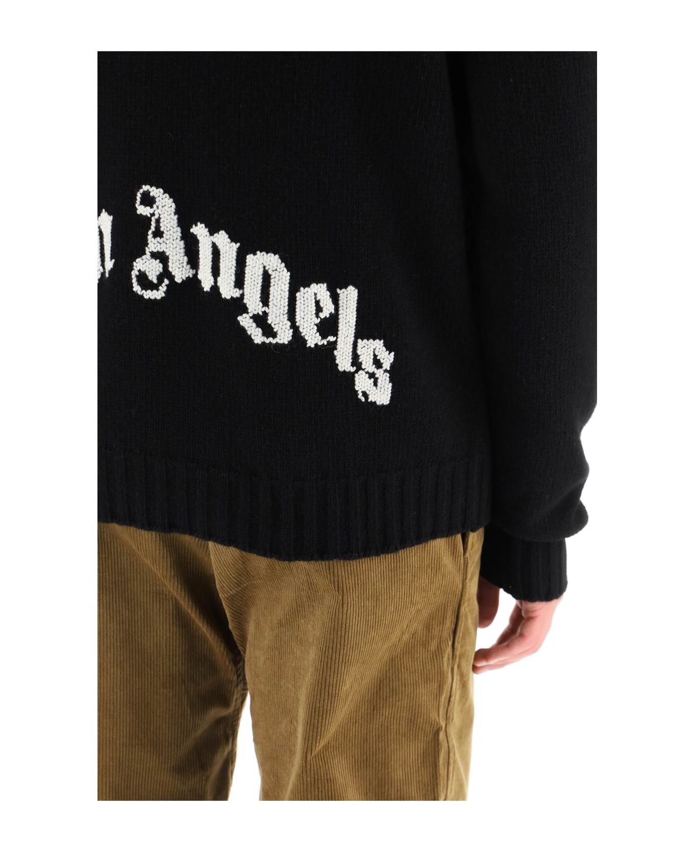 Palm Angels Black Wool Sweater With White Curved Logo On The Back - Black White