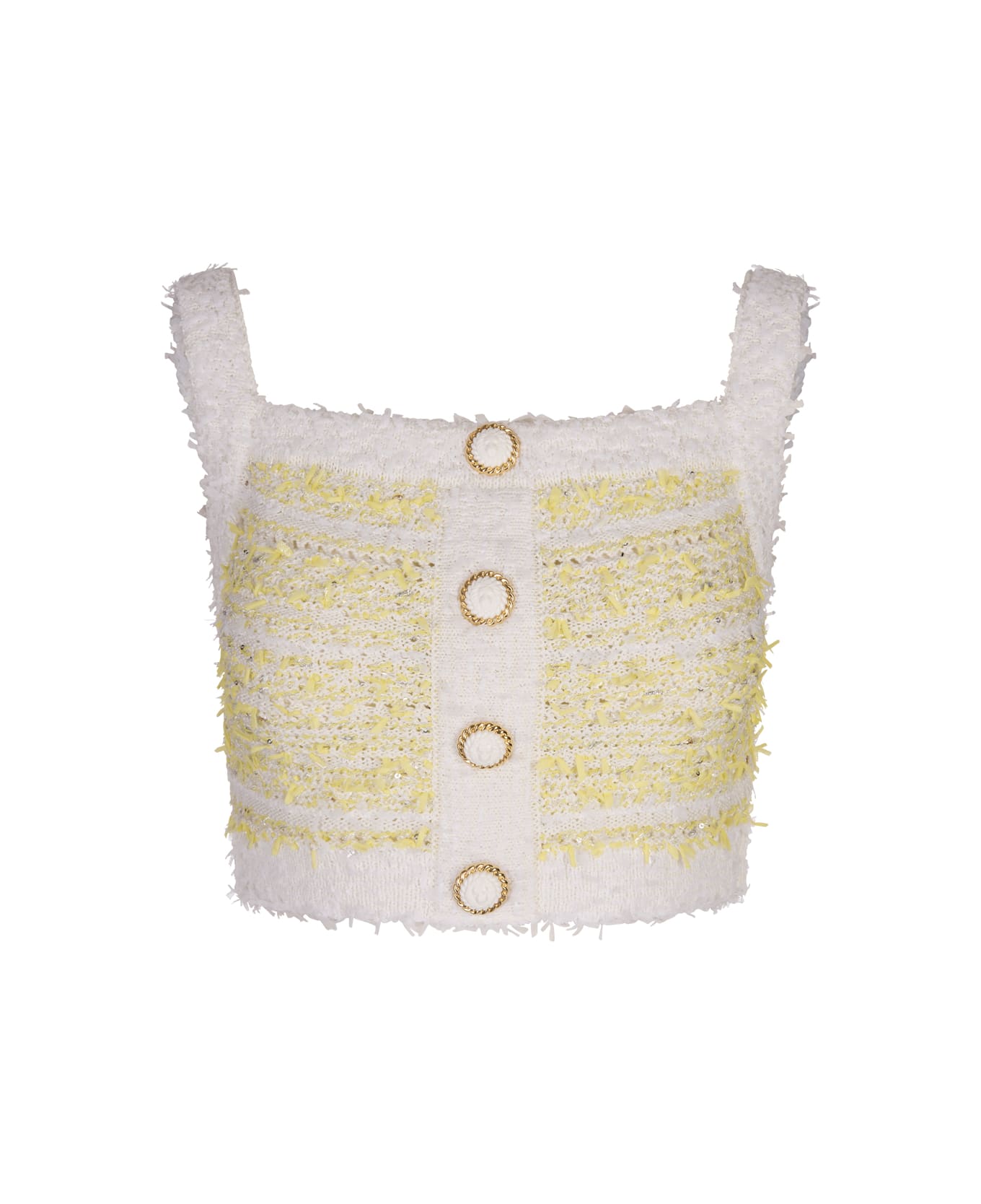 Balmain Yellow And White Tweed Top With Shoulder Straps - Yellow