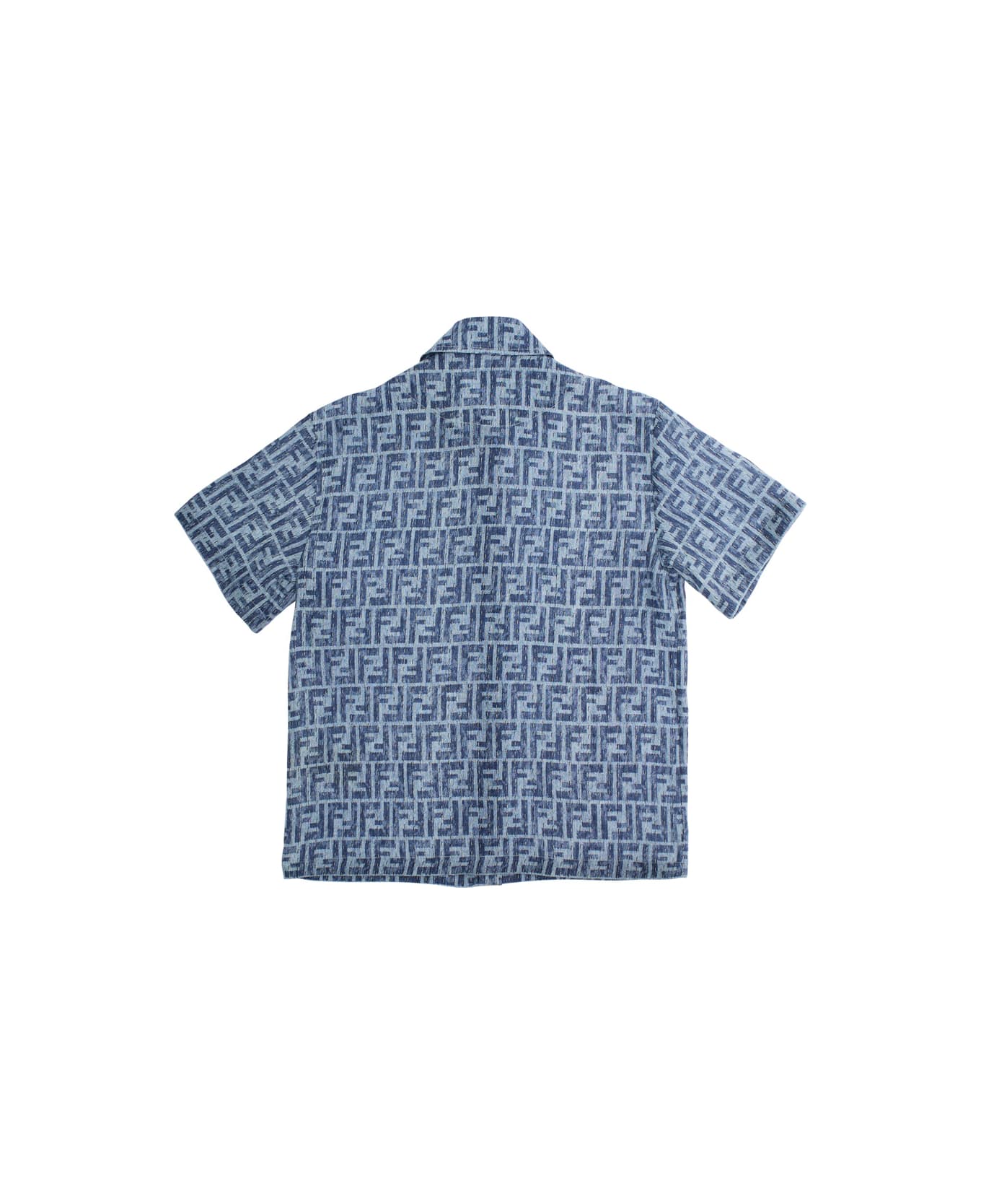 Fendi Blue Shirt With Classic Collar And All-over Ff Motif In Linen Boy - Blu