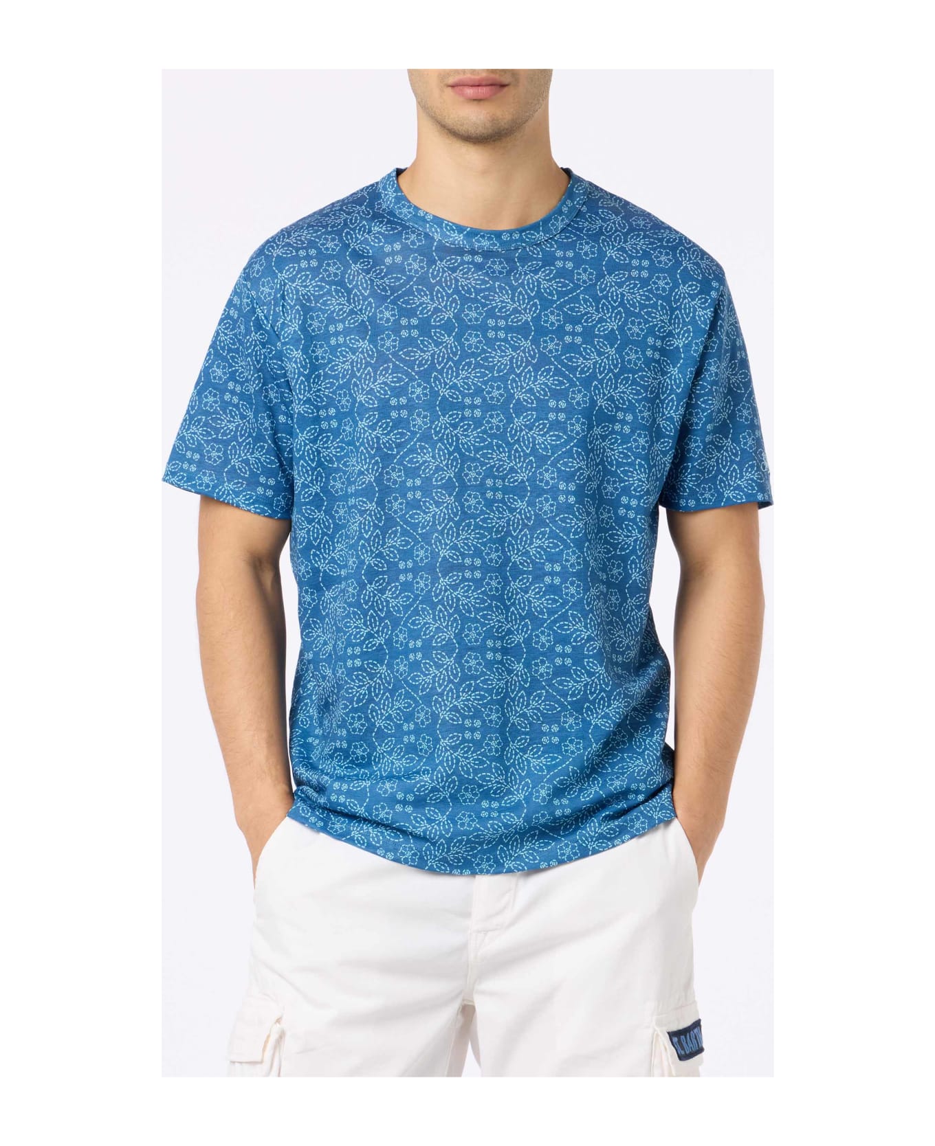 MC2 Saint Barth Man Blue Linen Jersey T-shirt Ecstasea With Sashiko Print - BLUE