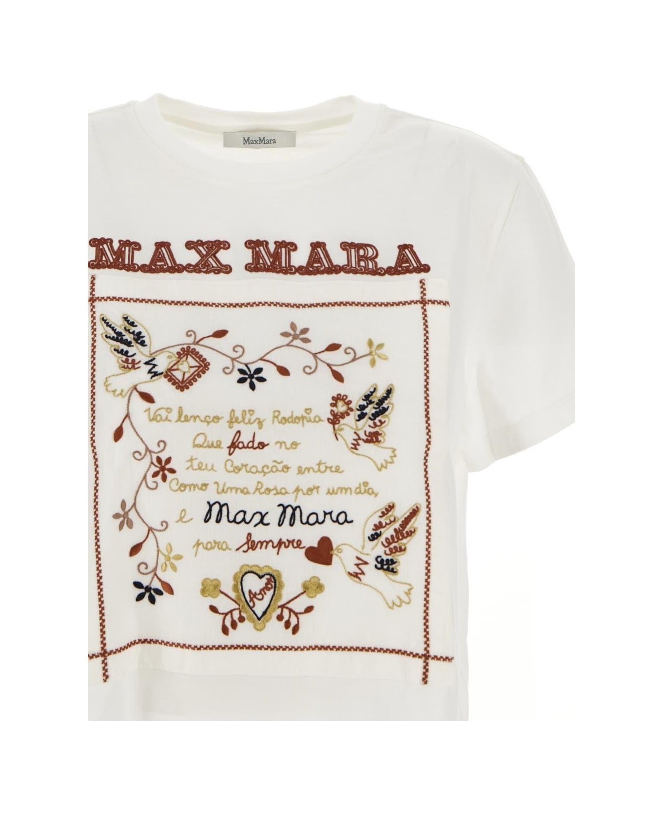 Max Mara Crew Neck T-shirt With Embroidered Design And Logo In Cotton - White
